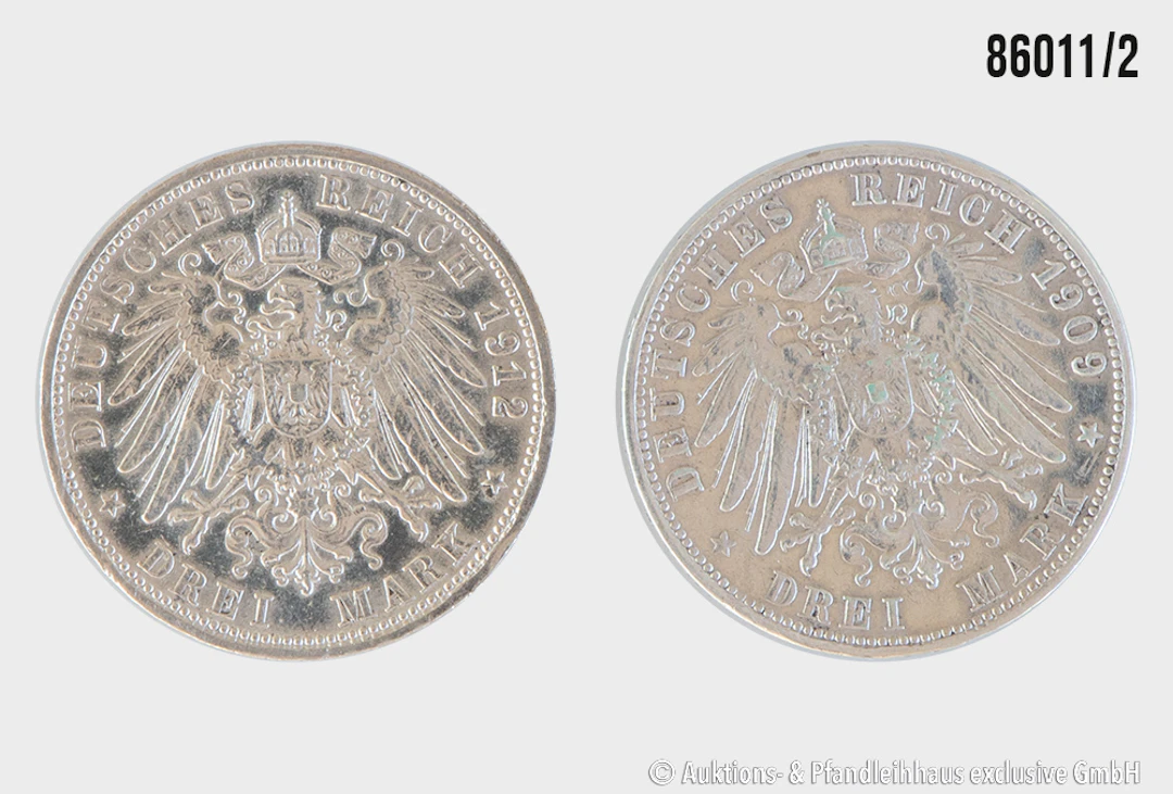 Kaiserreich Konvolut Württemberg 2 Münzen 1x 3 Mark 1909 F, 1x 3 Mark