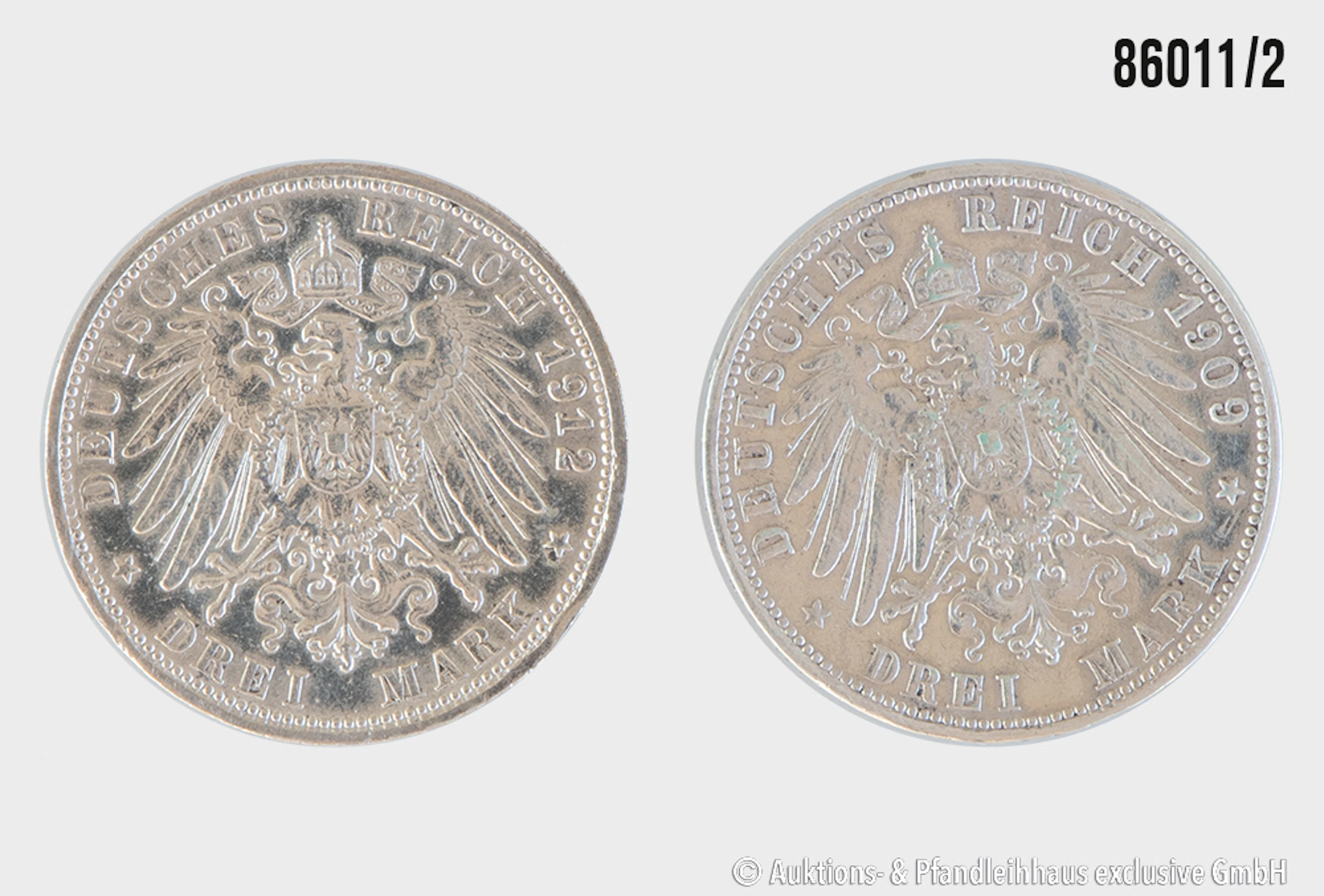 Kaiserreich Konvolut Württemberg 2 Münzen 1x 3 Mark 1909 F, 1x 3 Mark