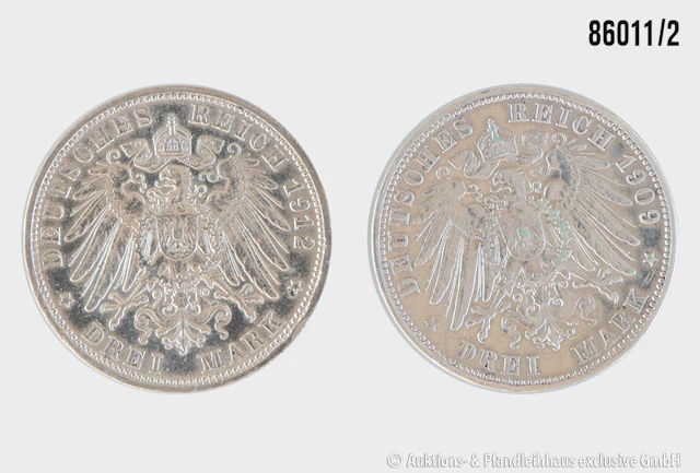 Kaiserreich Konvolut Württemberg 2 Münzen 1x 3 Mark 1909 F, 1x 3 Mark