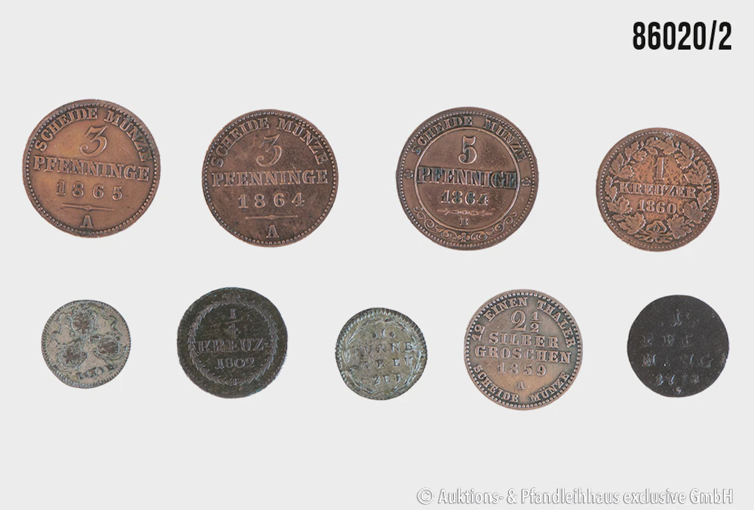 Altdeutschland Konvolut 9 Münzen, 1 Kreuzer 1773 u. 1 Kreuzer 1799