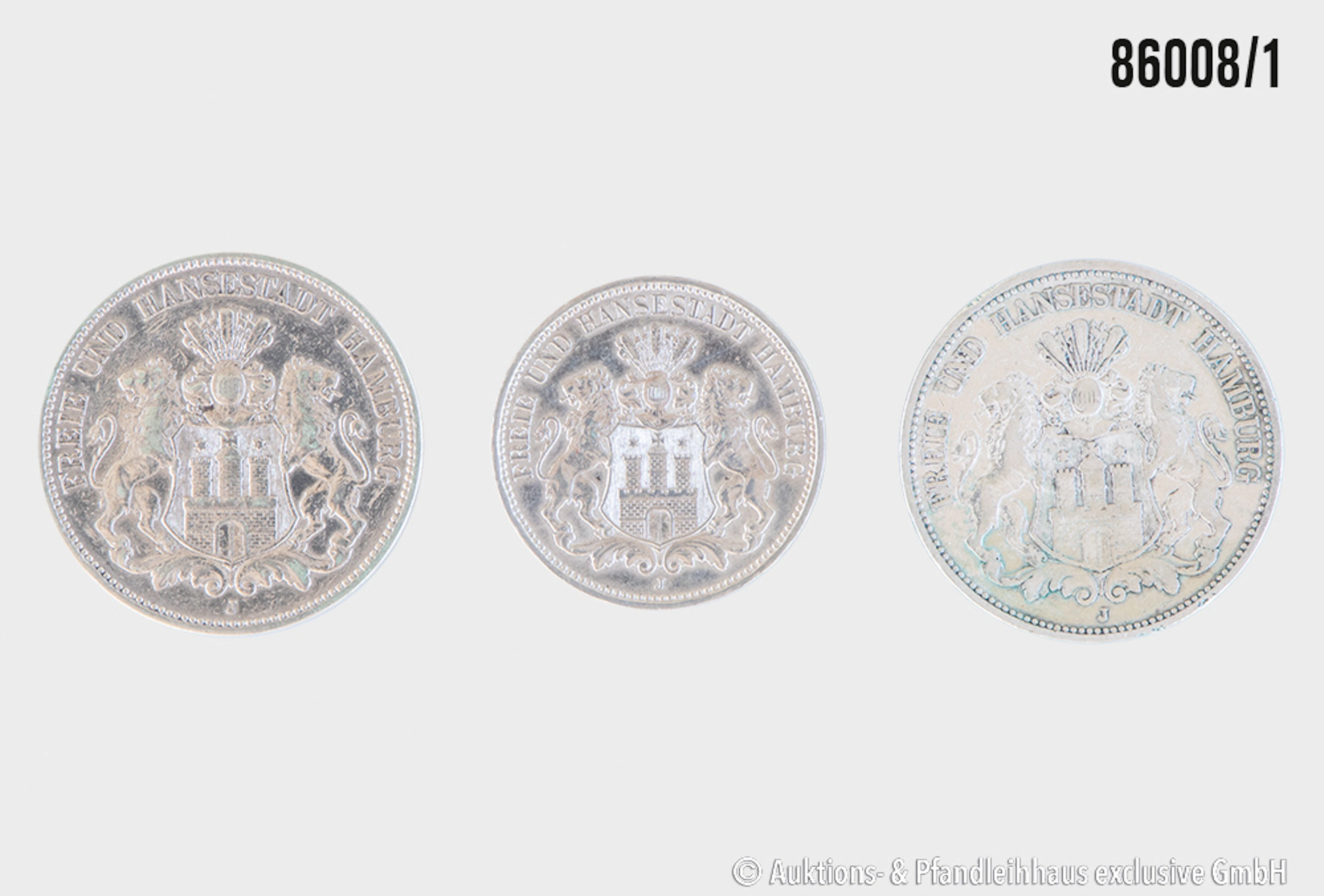 Kaiserreich Konvolut Hamburg 3 Münzen, 1x 3 Mark 1911 J, 2x 5 Mark