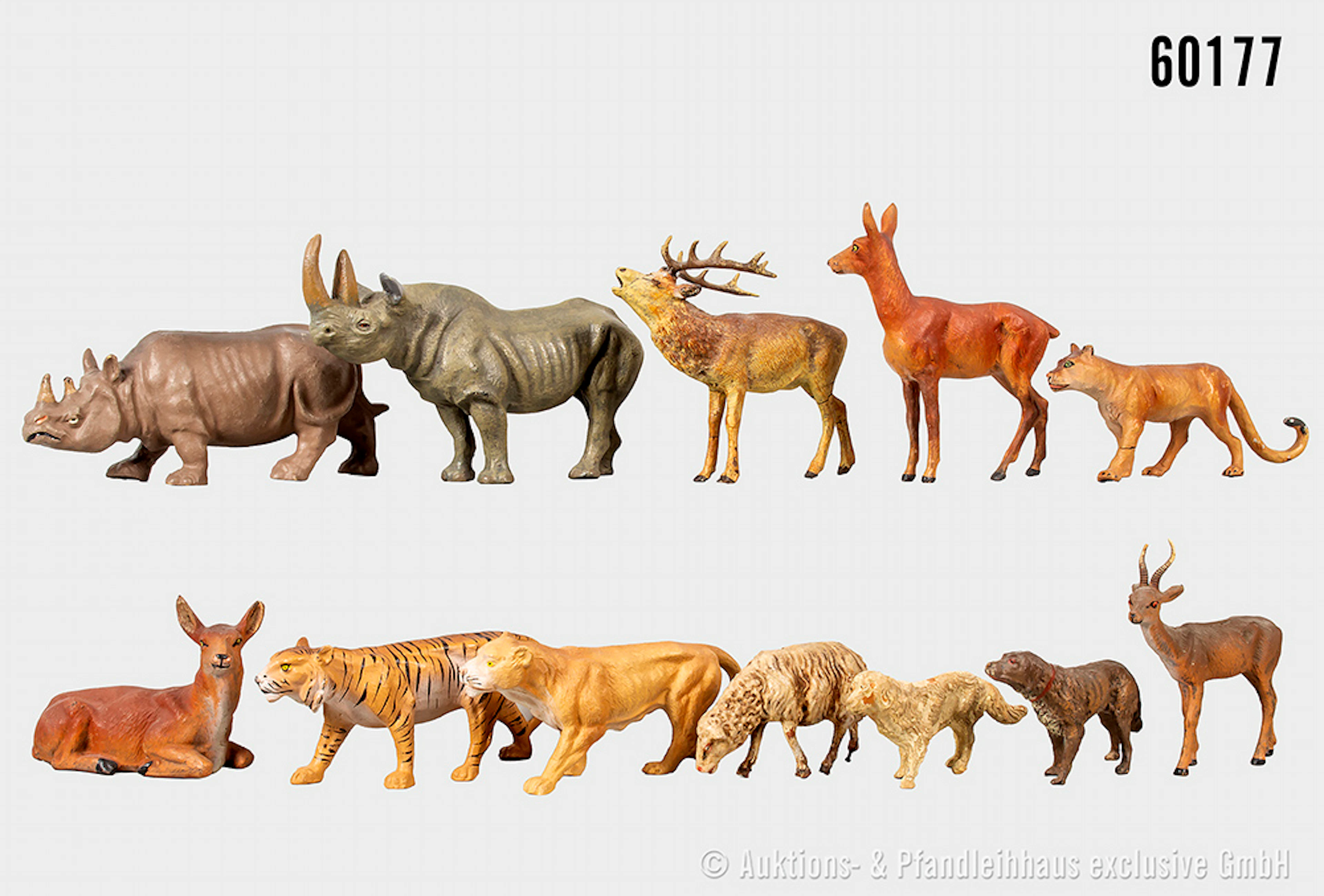 Tiere, u.a. Nashorn, Jagdhund, Tiger, Reh, L bis 15 cm, u.a. Lineol
