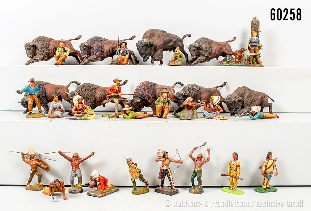 Wildwest Figuren, Cowboys und Indianer, dabei Elastolin, Lineol usw.
