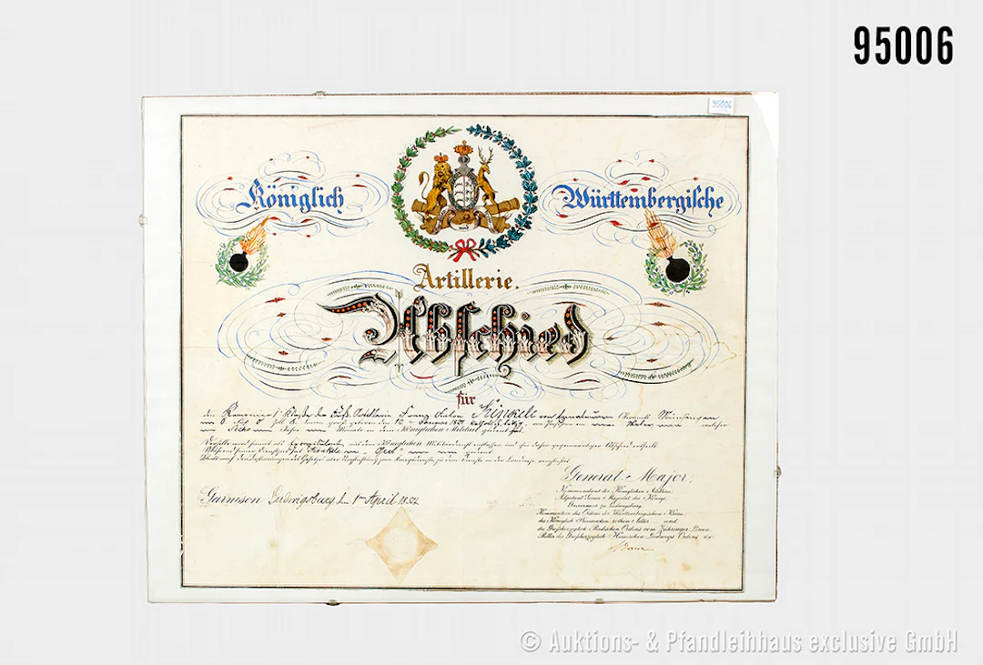 Württemberg, dekorative Artillerie-Abschiedsurkunde für einen Kanonier