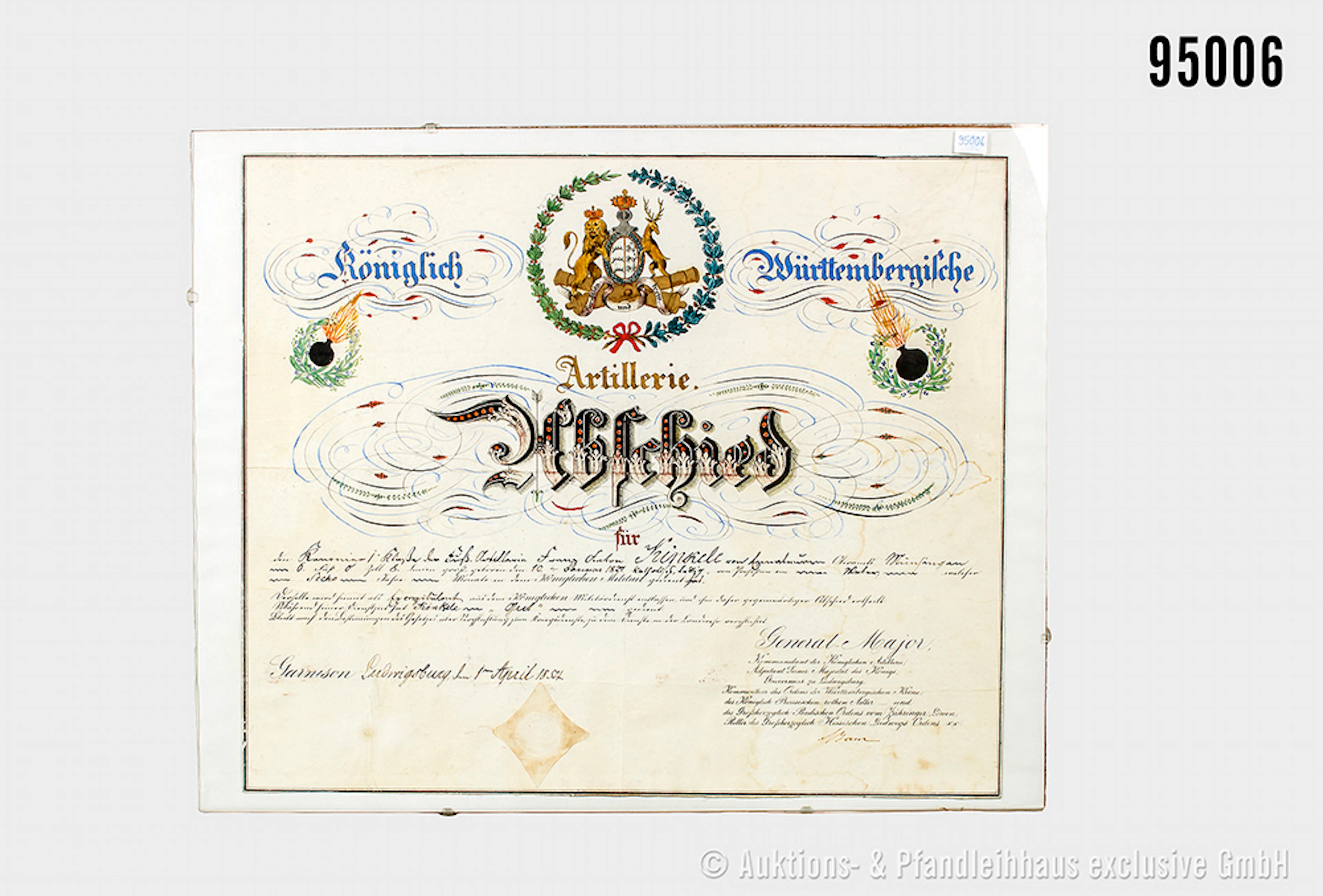Württemberg, dekorative Artillerie-Abschiedsurkunde für einen Kanonier