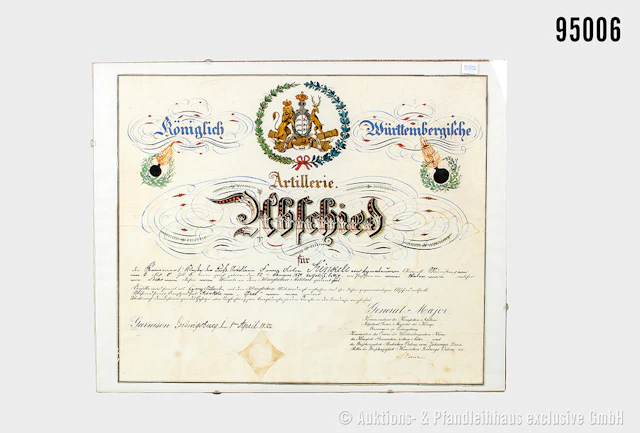 Württemberg, dekorative Artillerie-Abschiedsurkunde für einen Kanonier