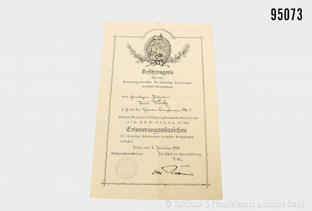 Besitzzeugnis für das Erinnnerungsabzeichen für ehemalige Besatzungen