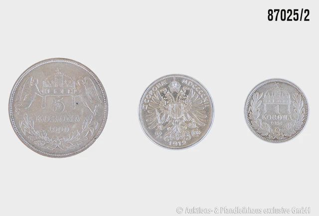 Österreich Ungarn Konvolut 3 Münzen, 1x 5 Korona 1900, Silber 900