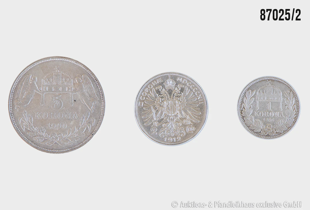 Österreich Ungarn Konvolut 3 Münzen, 1x 5 Korona 1900, Silber 900
