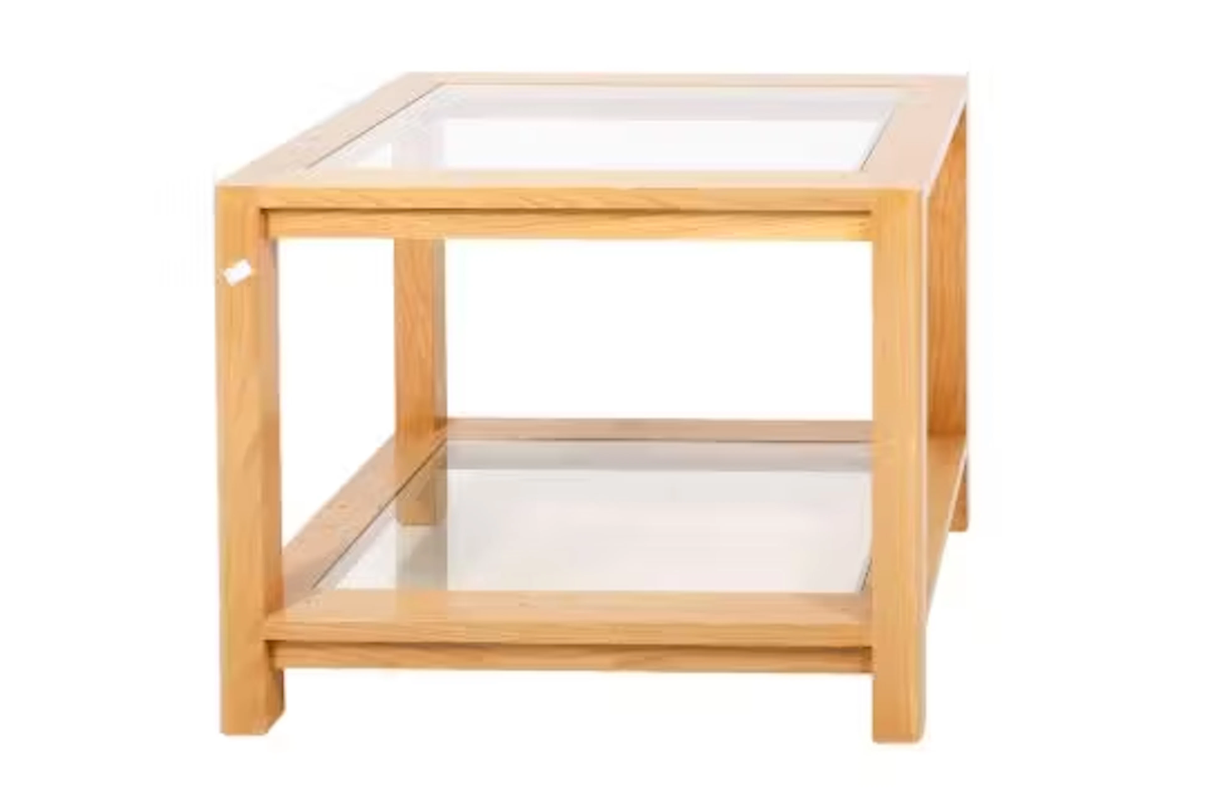 A contemporary blonde oak two tier inset glass top coffee table.