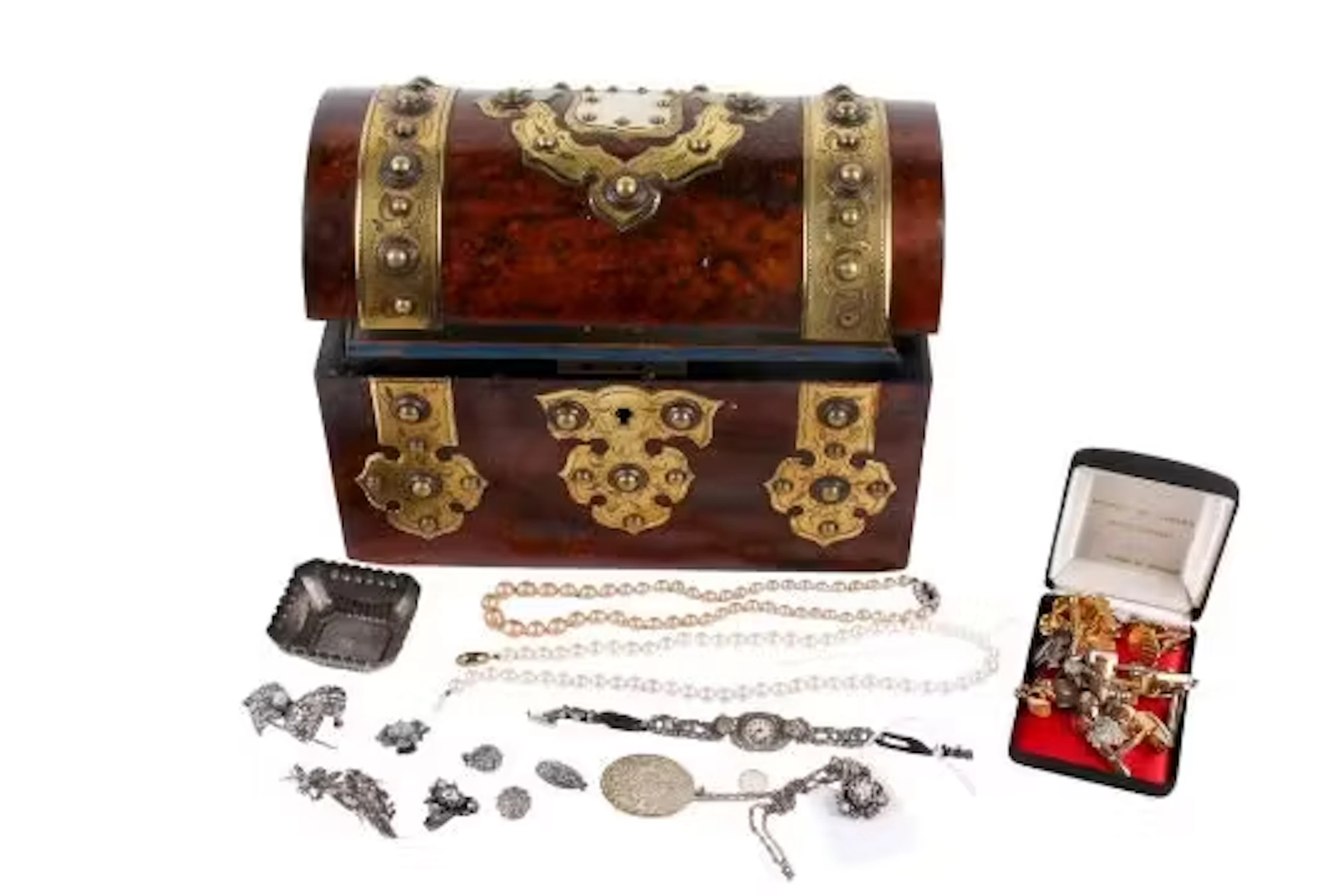 A collection of costume jewellery in a Victorian burr walnut casket.