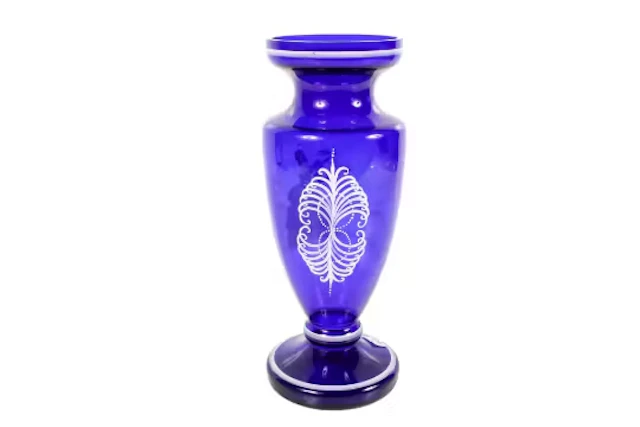 Bohemian cobalt blue glass vase. Painted in the style of Mary Gregory.