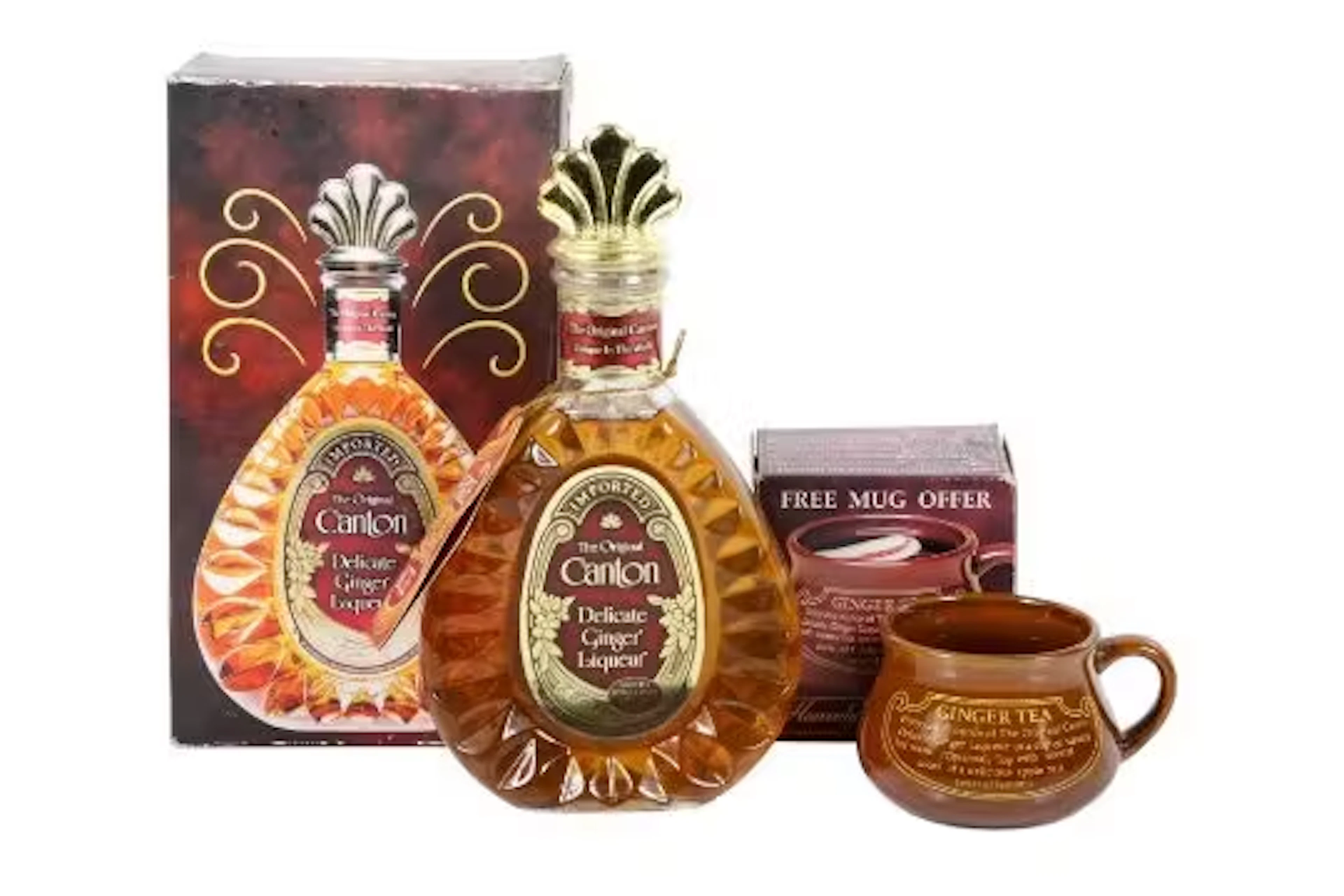 A bottle of Canton Delicate Ginger Liqueur and a matching mug.