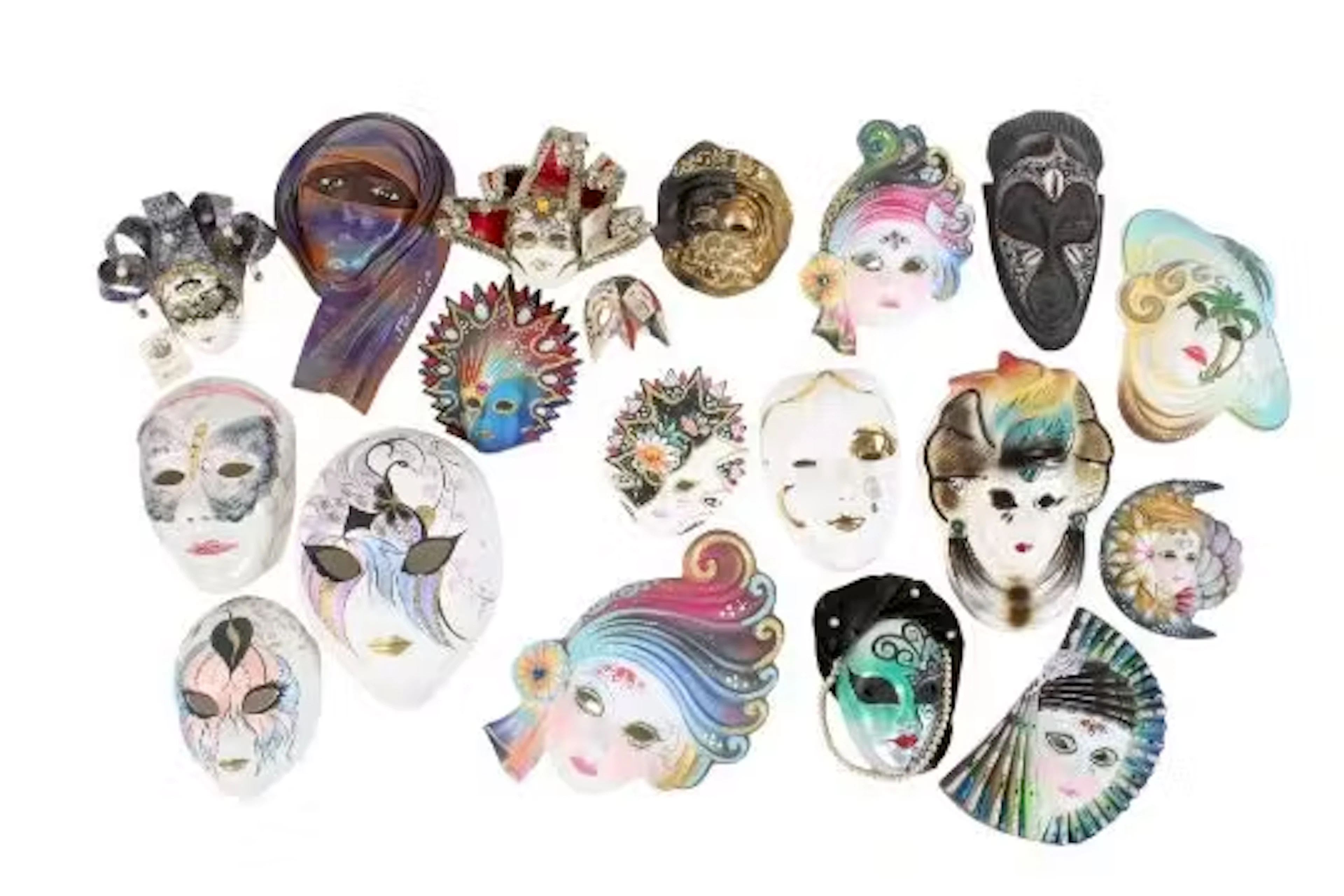 A box of assorted decorative wall plaque face masks. Mostly ceramic
