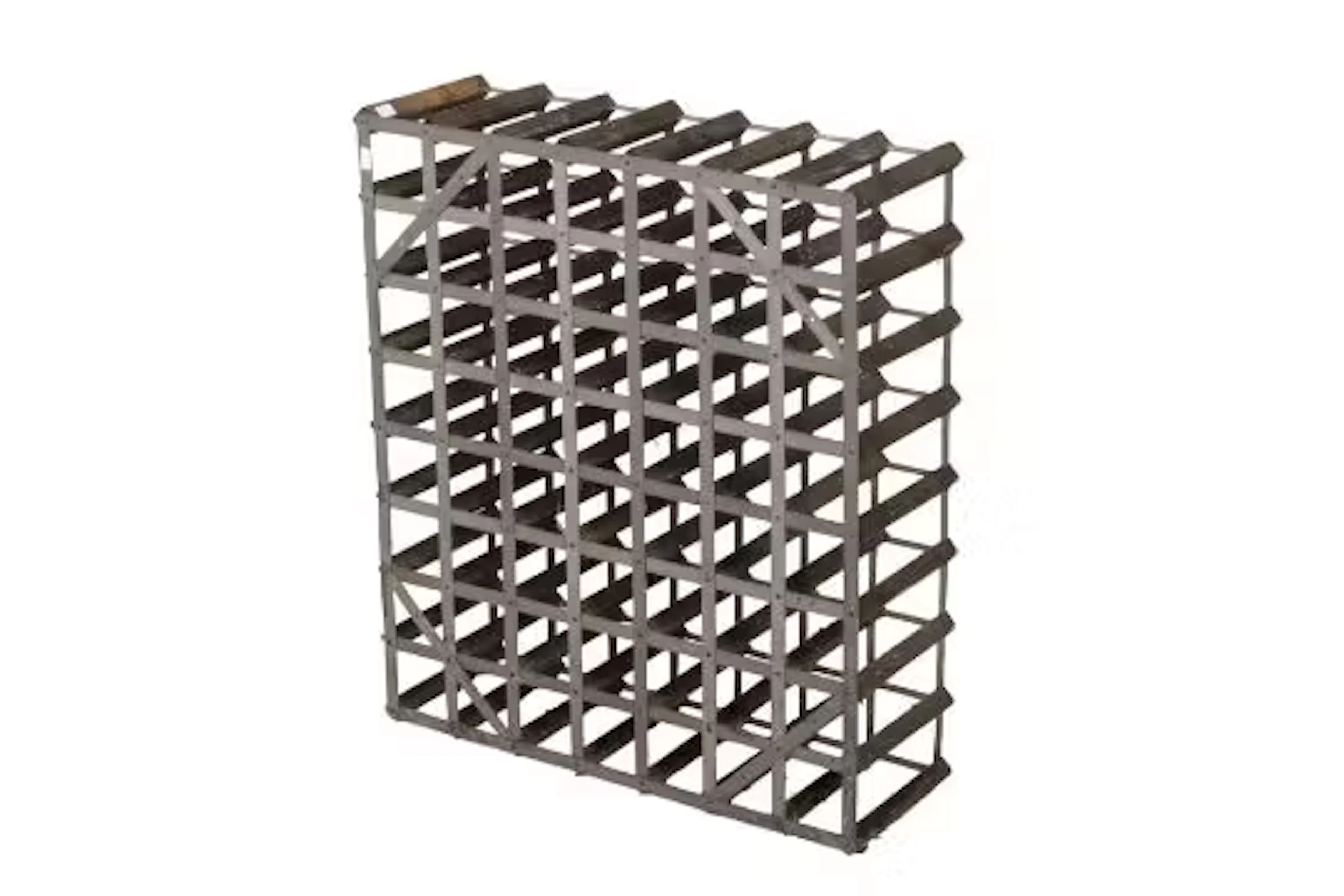 A vintage wood and metal 56 bottle wine rack. H79cm W69cm D23cm.