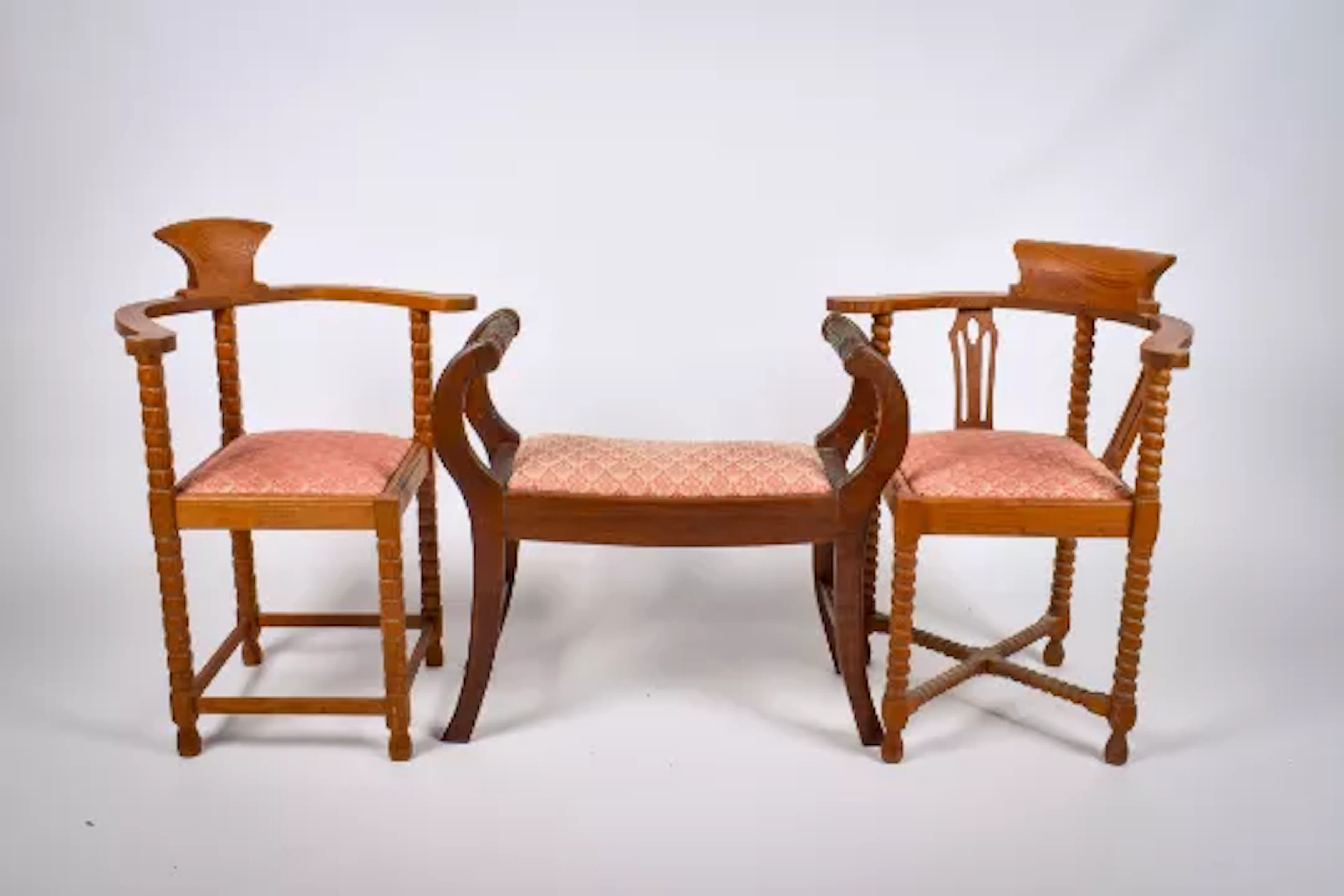 Two mahogany corner chairs and a carved oak stool. All having the