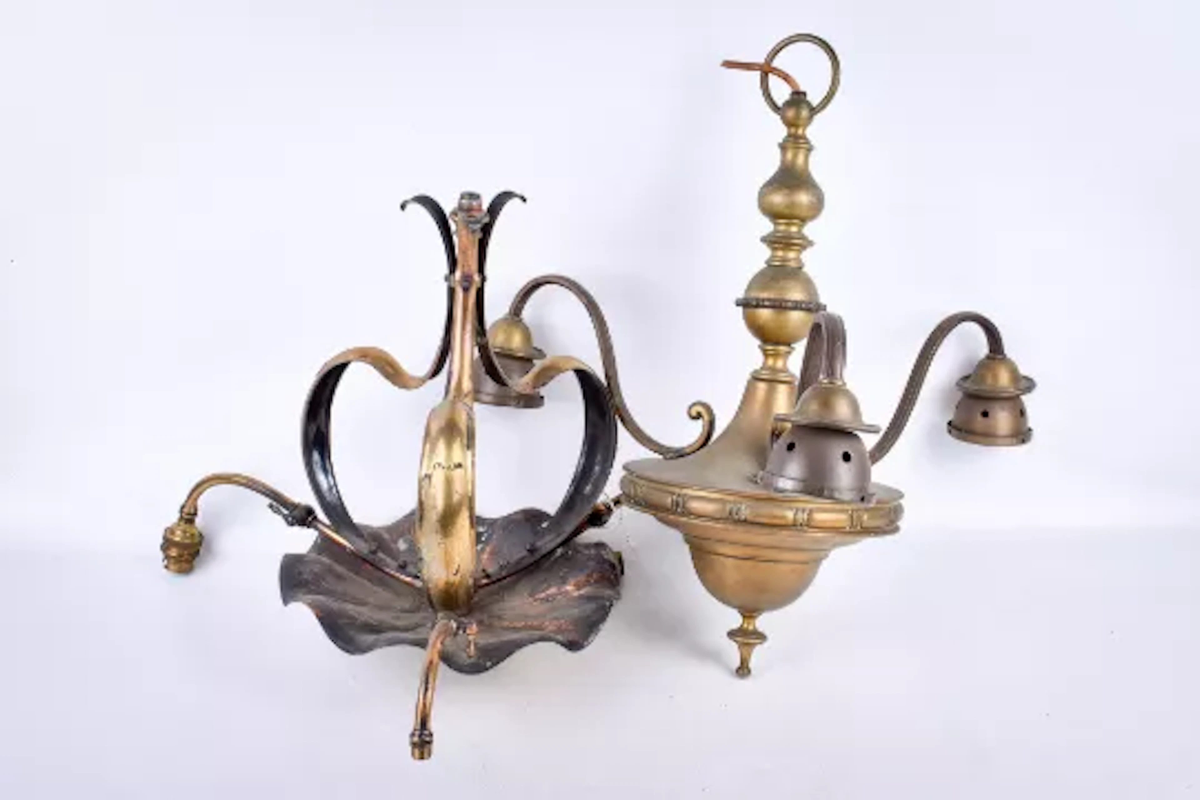 Two brass ceiling chandeliers. Including an Art Nouveau gas example.