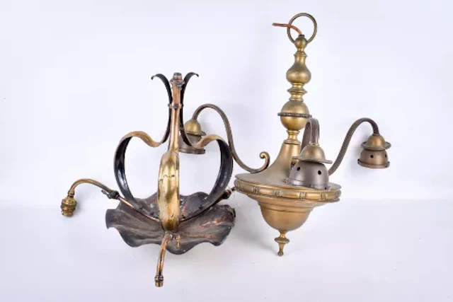Two brass ceiling chandeliers. Including an Art Nouveau gas example.