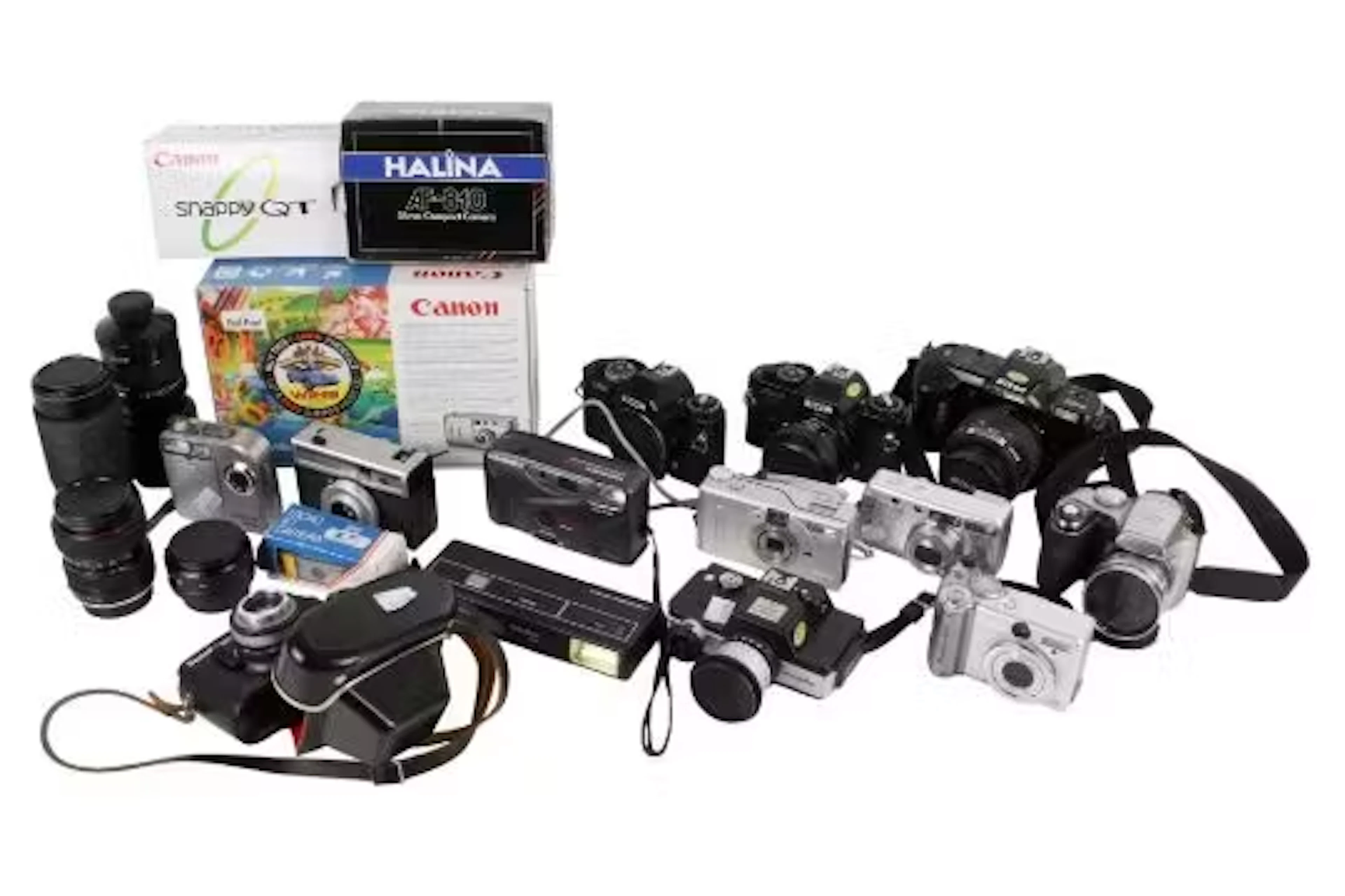 A large collection of assorted vintage film and digital cameras. Including