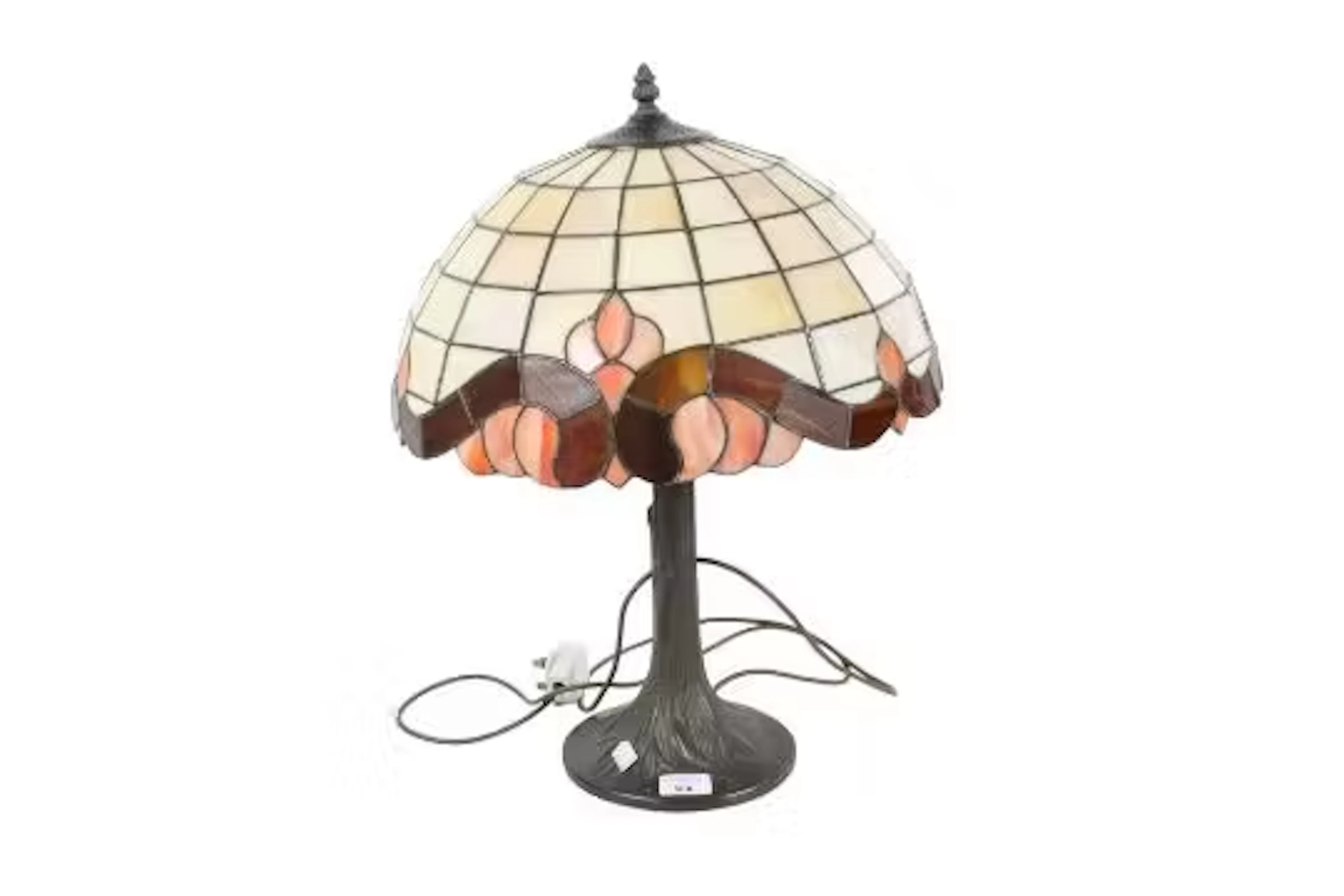 A modern 'Tiffany' style table lamp with leaded glass shade.