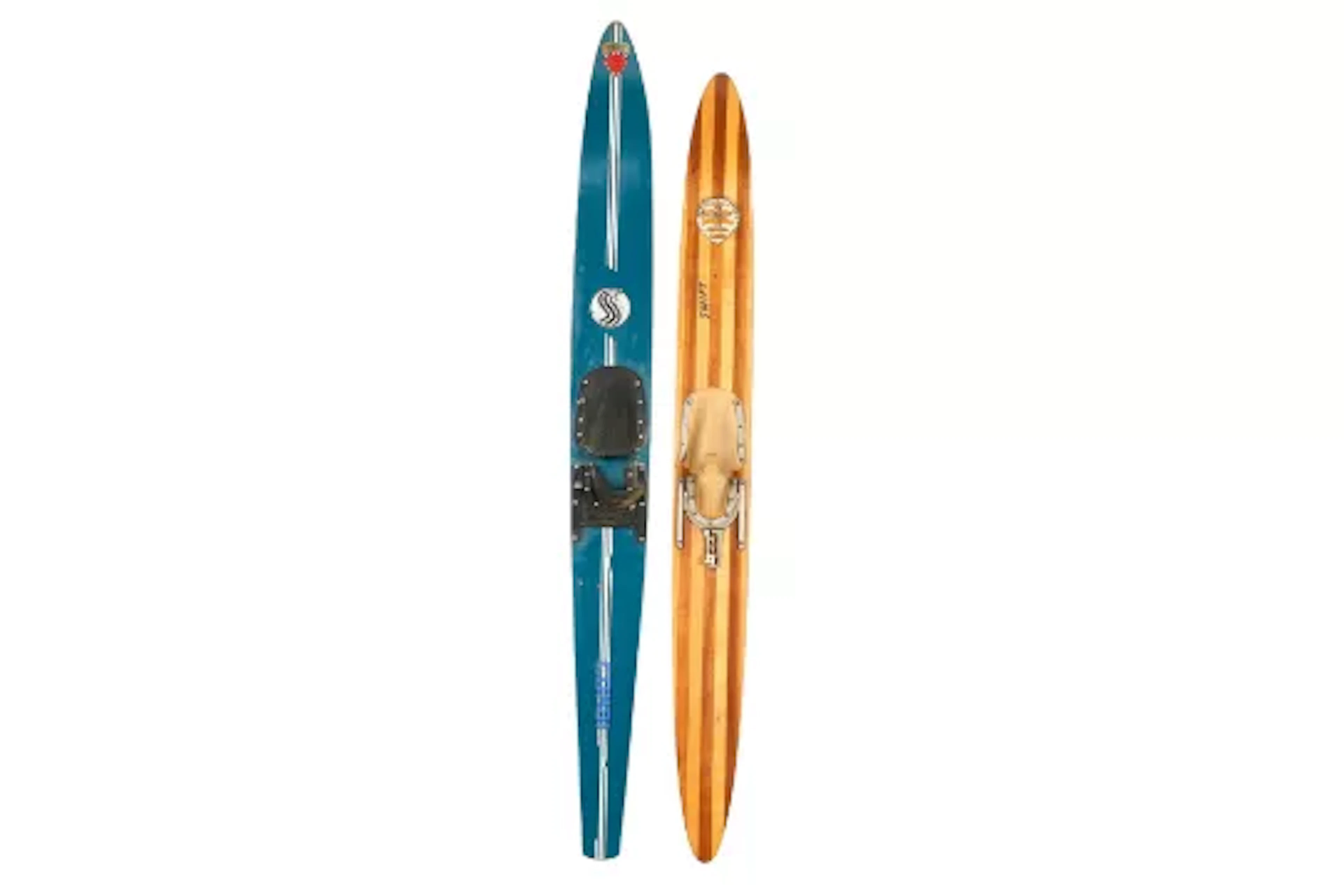 Two vintage laminate single water skis.