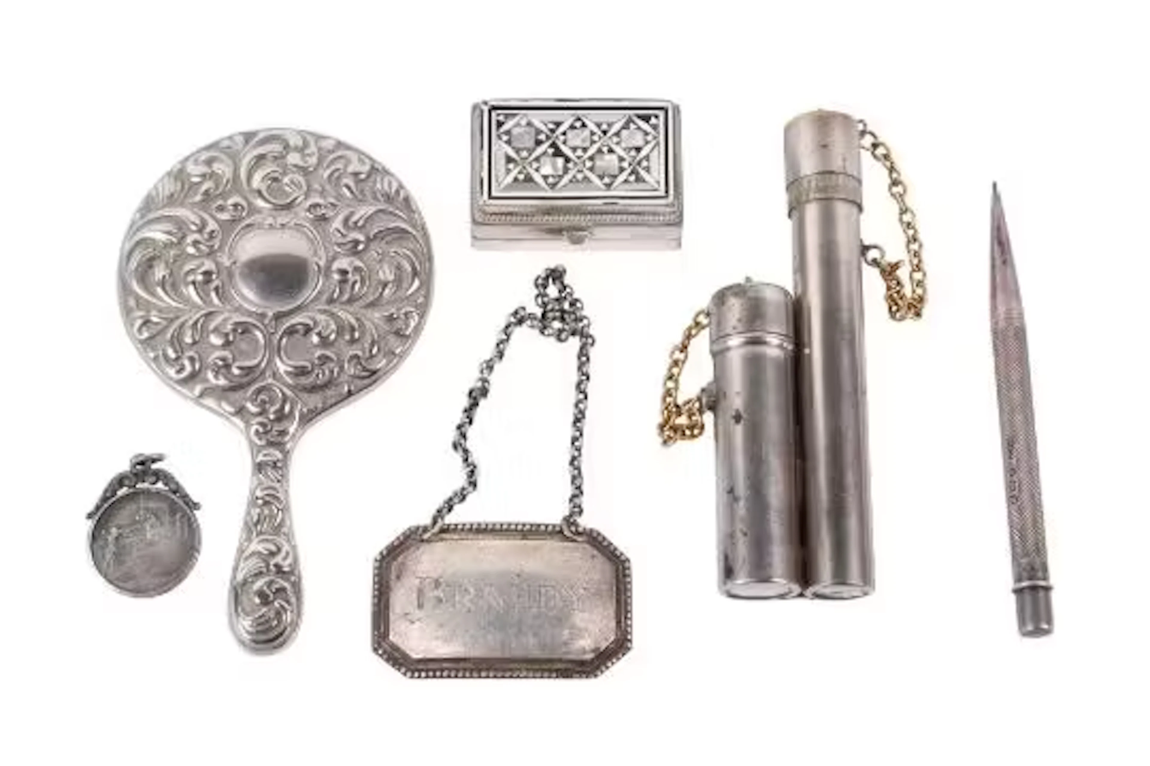 An assortment of silver and white metal.