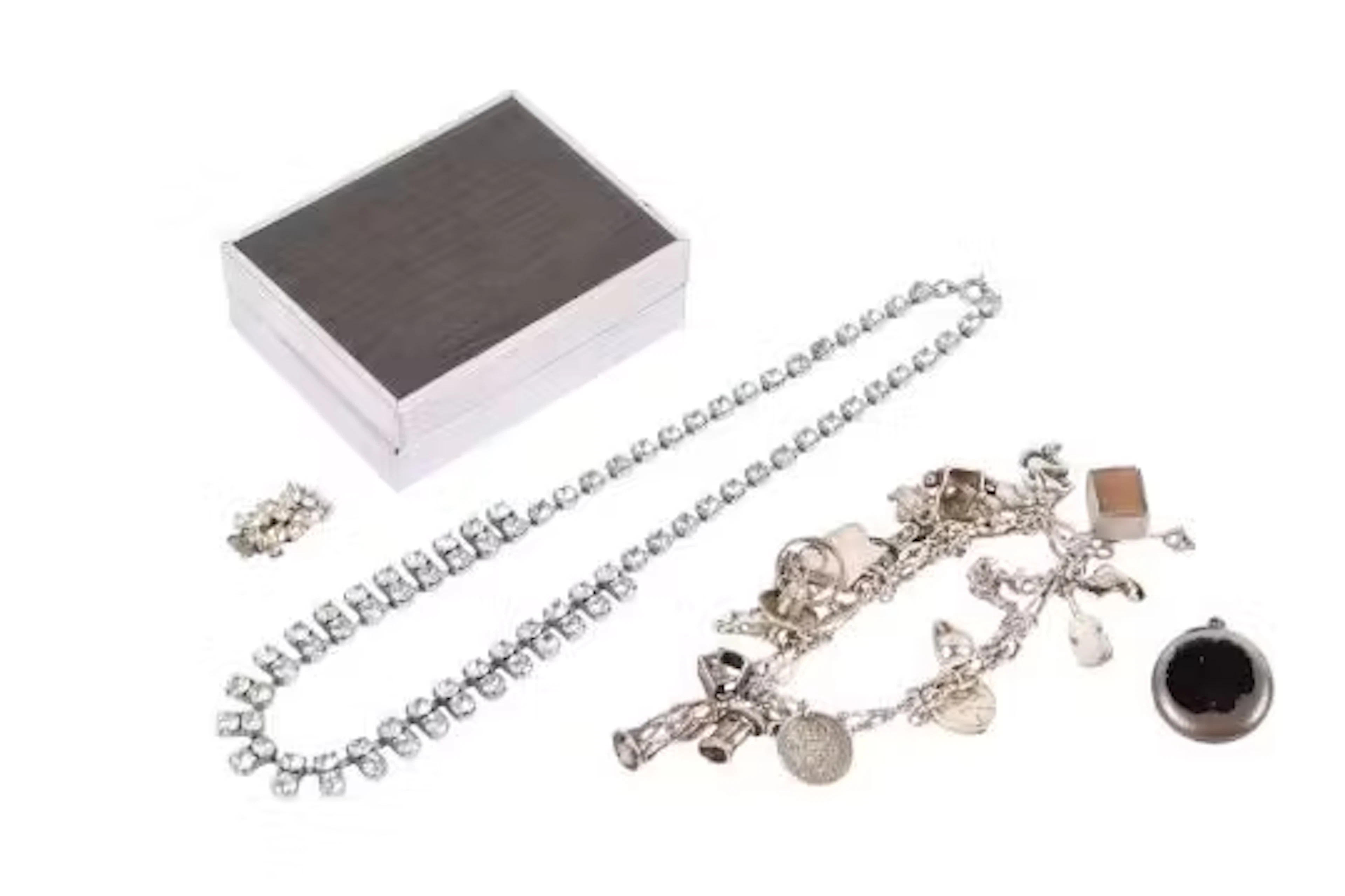 A small group of silver and costume jewellery and a watch fob.