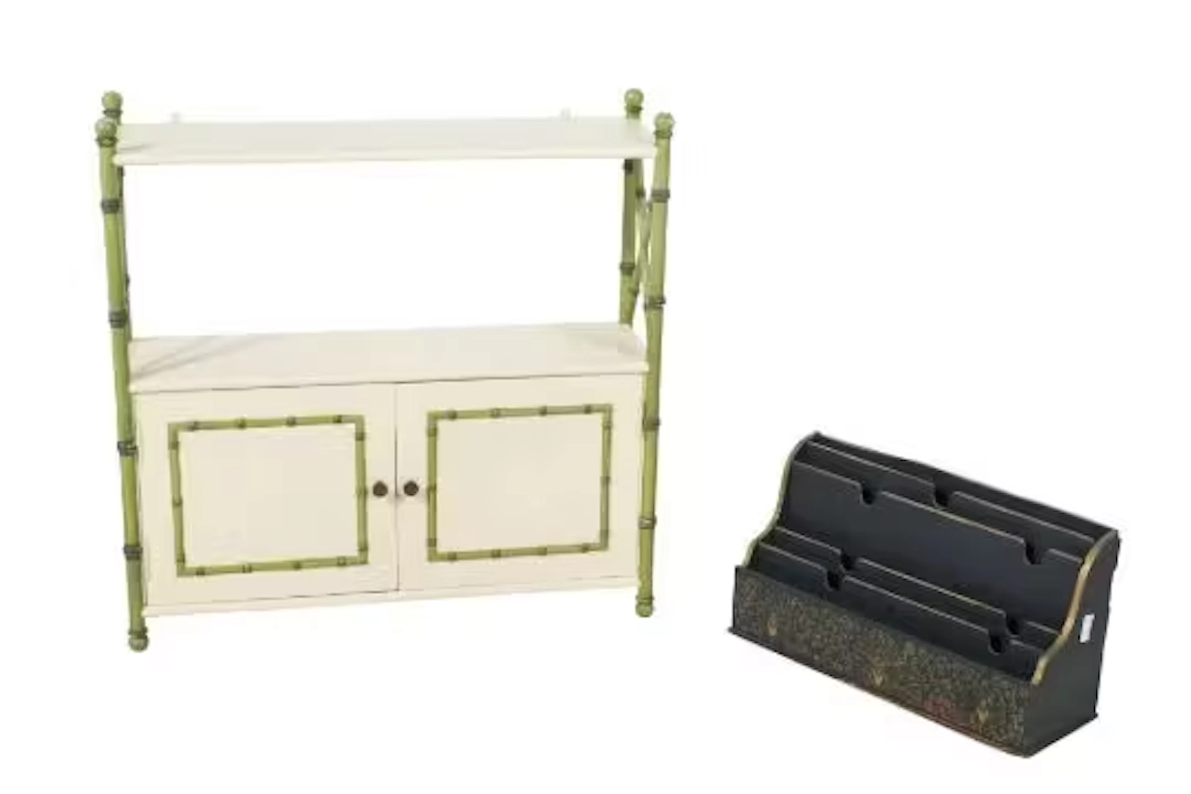A vintage wall unit and a letter rack.