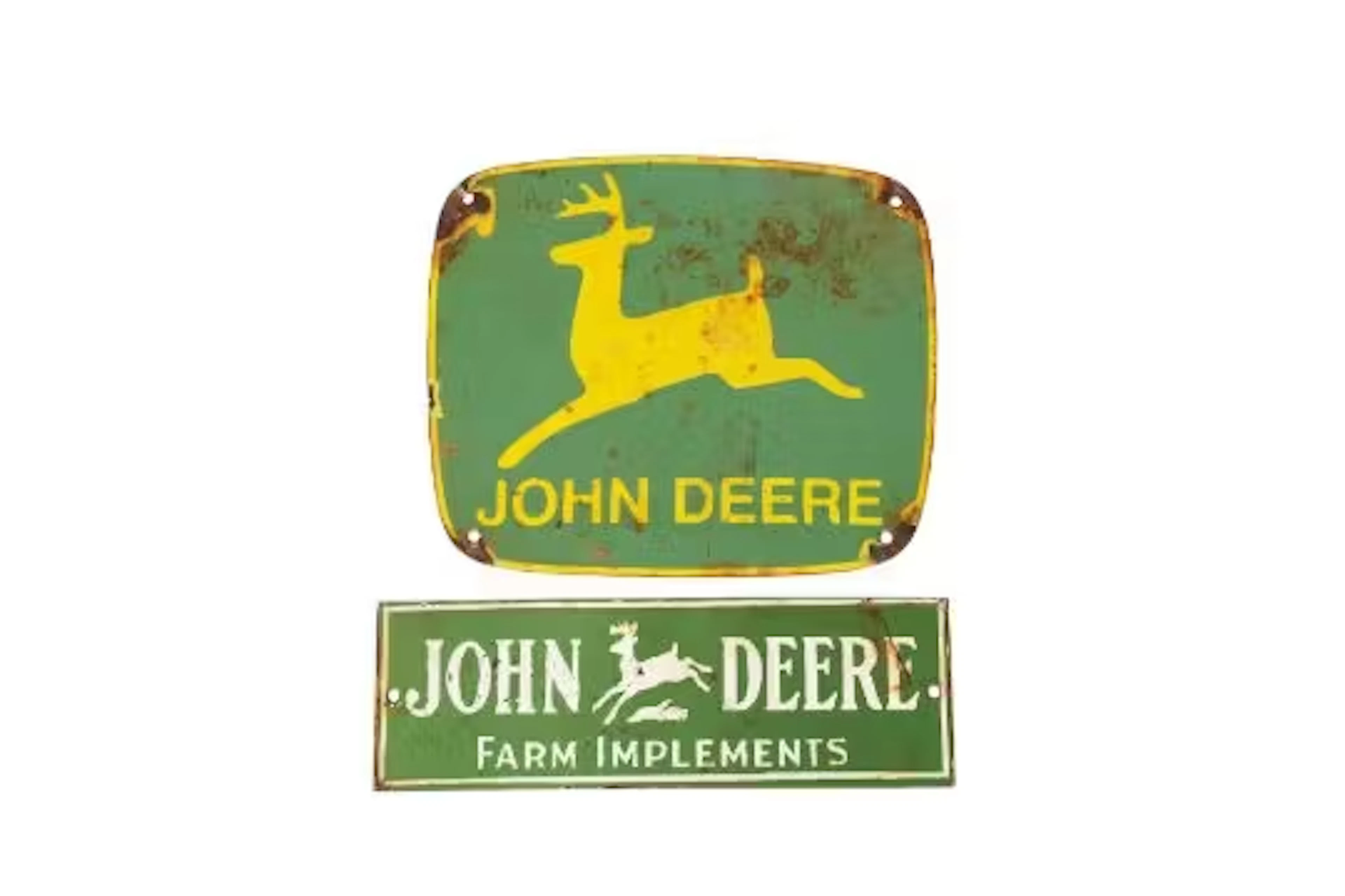 Two John Deere enamel advertising signs. Both single sided. The first