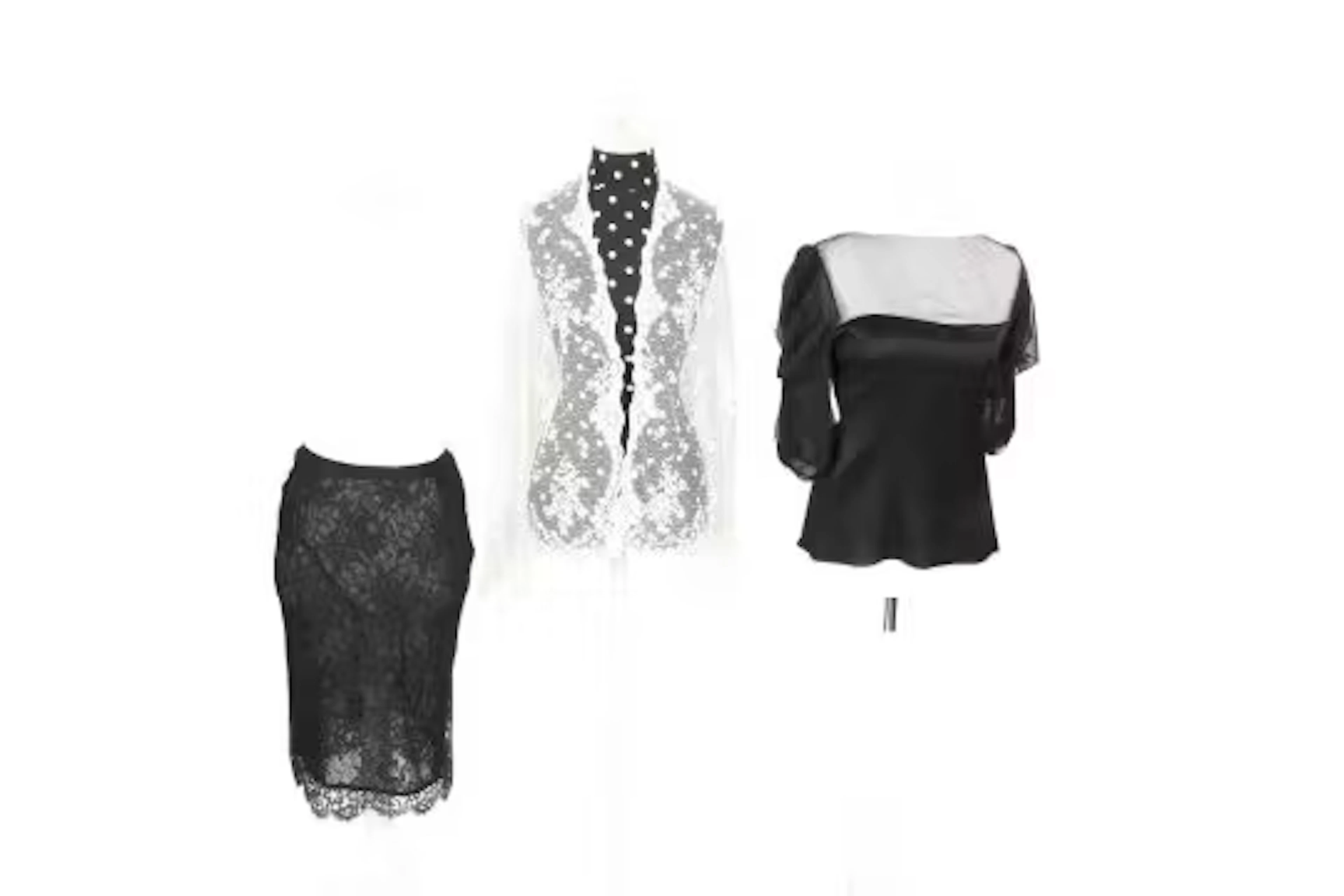 Three pieces of designer and couture evening wear.