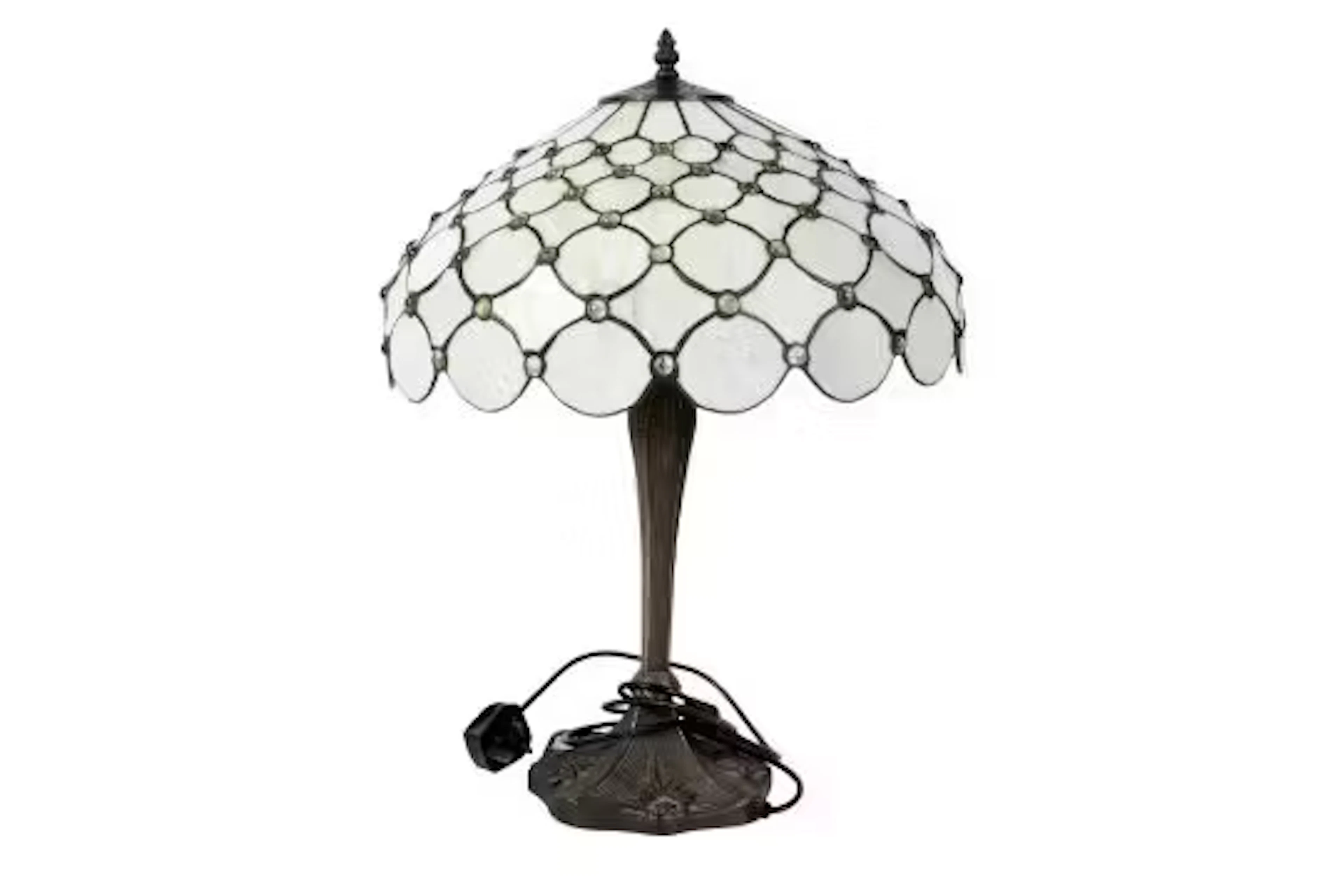 A modern 'Tiffany' style table lamp. Having a large leaded glass shade