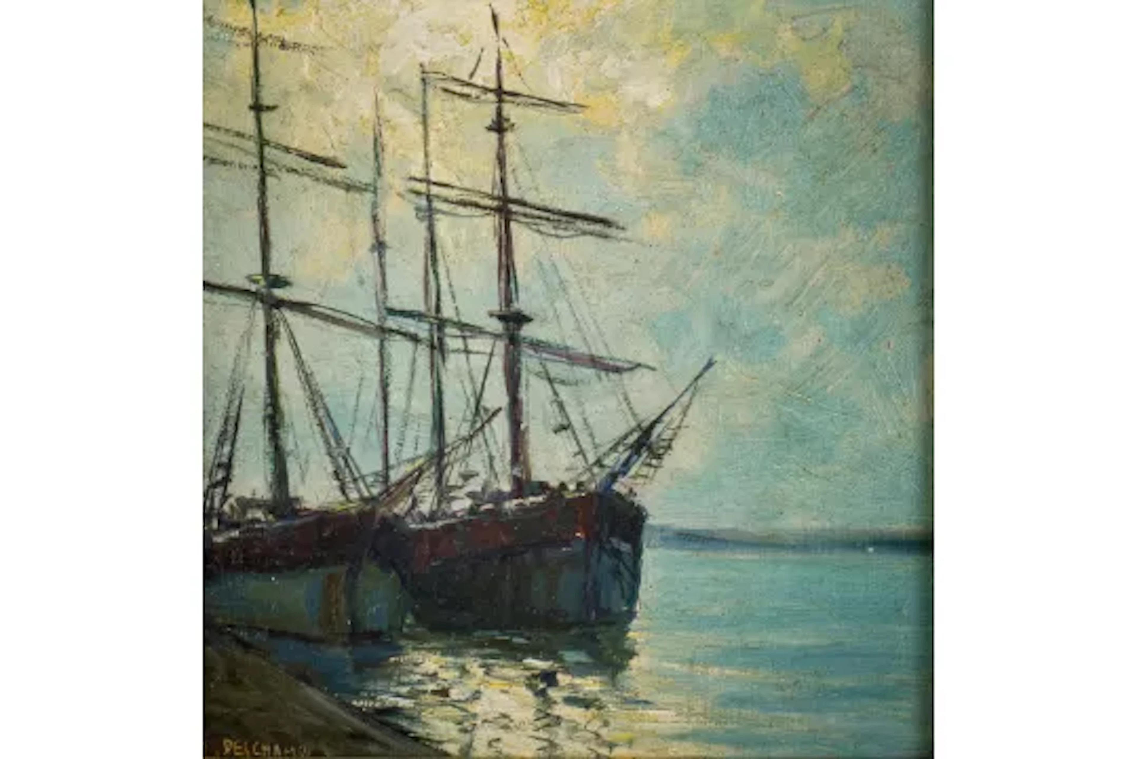 M Deschampi, 20th century oil on board, boats docked at a port.