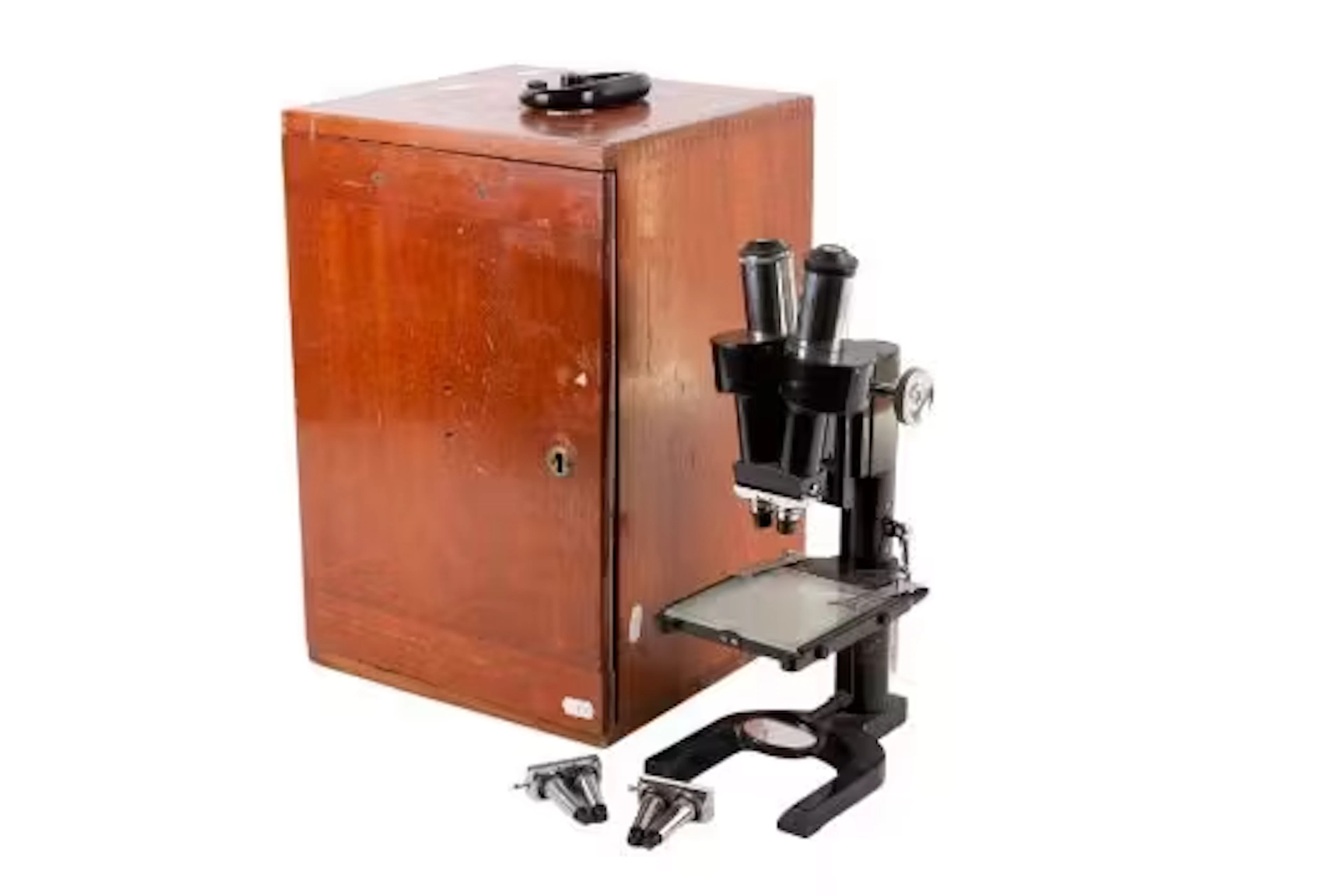 A vintage Watson & Sons Ltd binocular microscope, cased. S/N 103233. Max.
