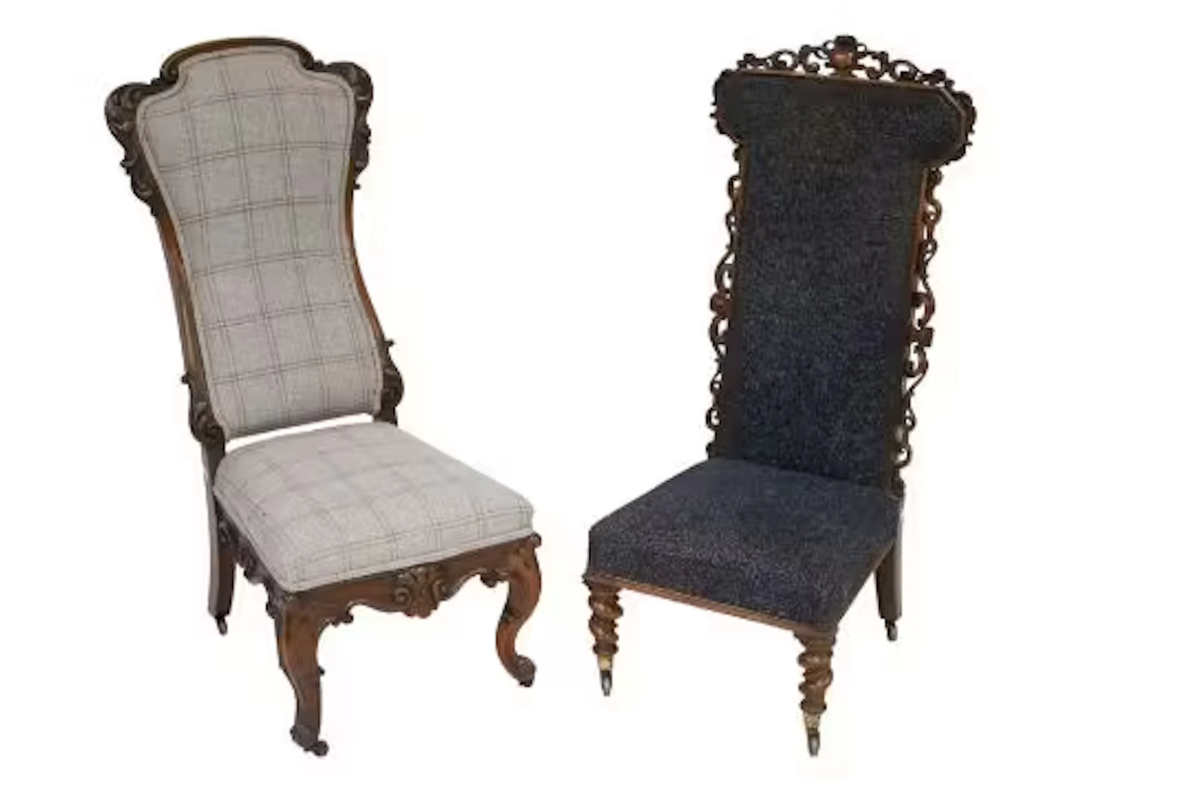 Two Victorian and later mahogany framed prayer chairs.