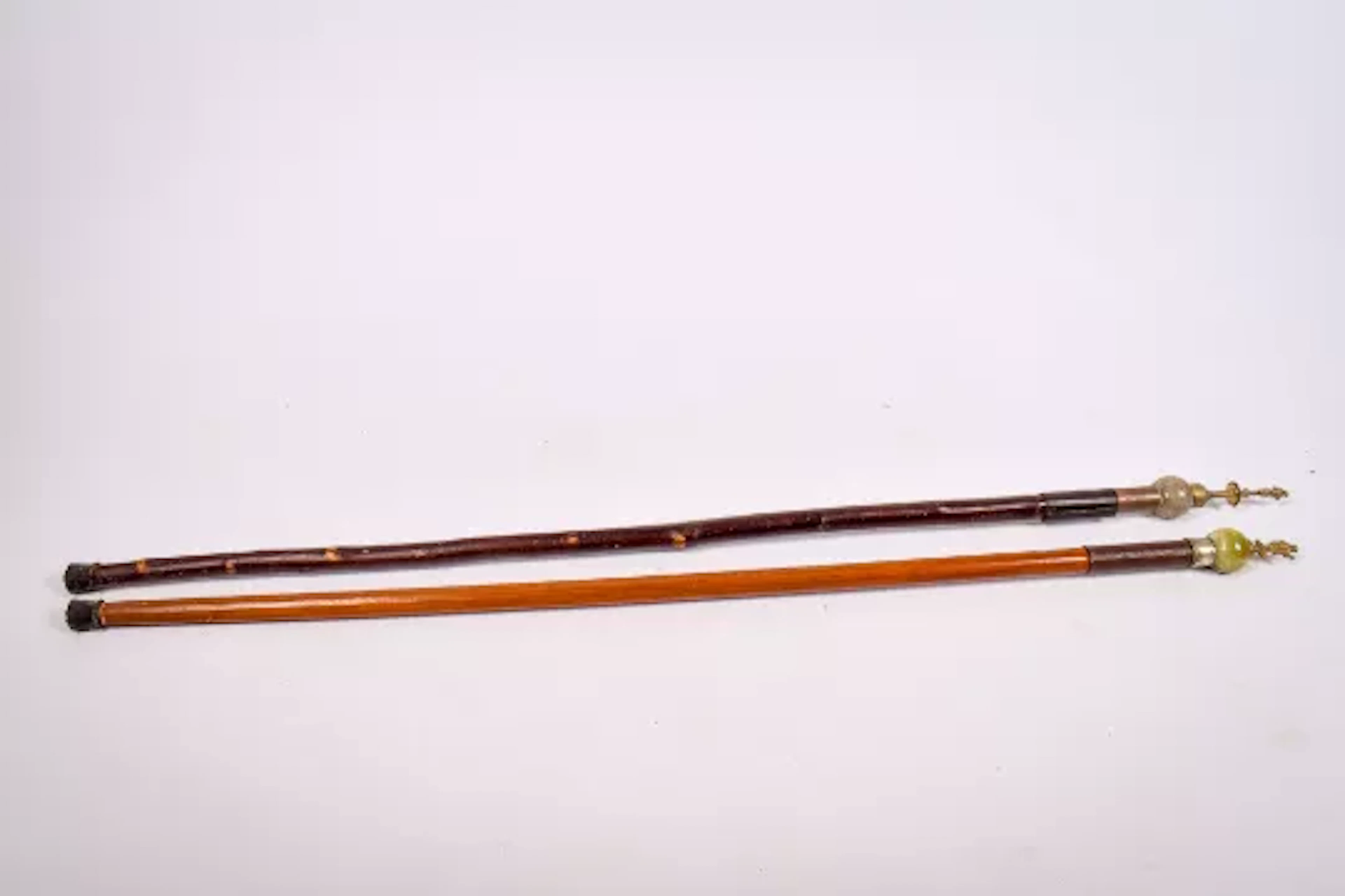 Two walking sticks. Both having carved stone tops with brass finials.