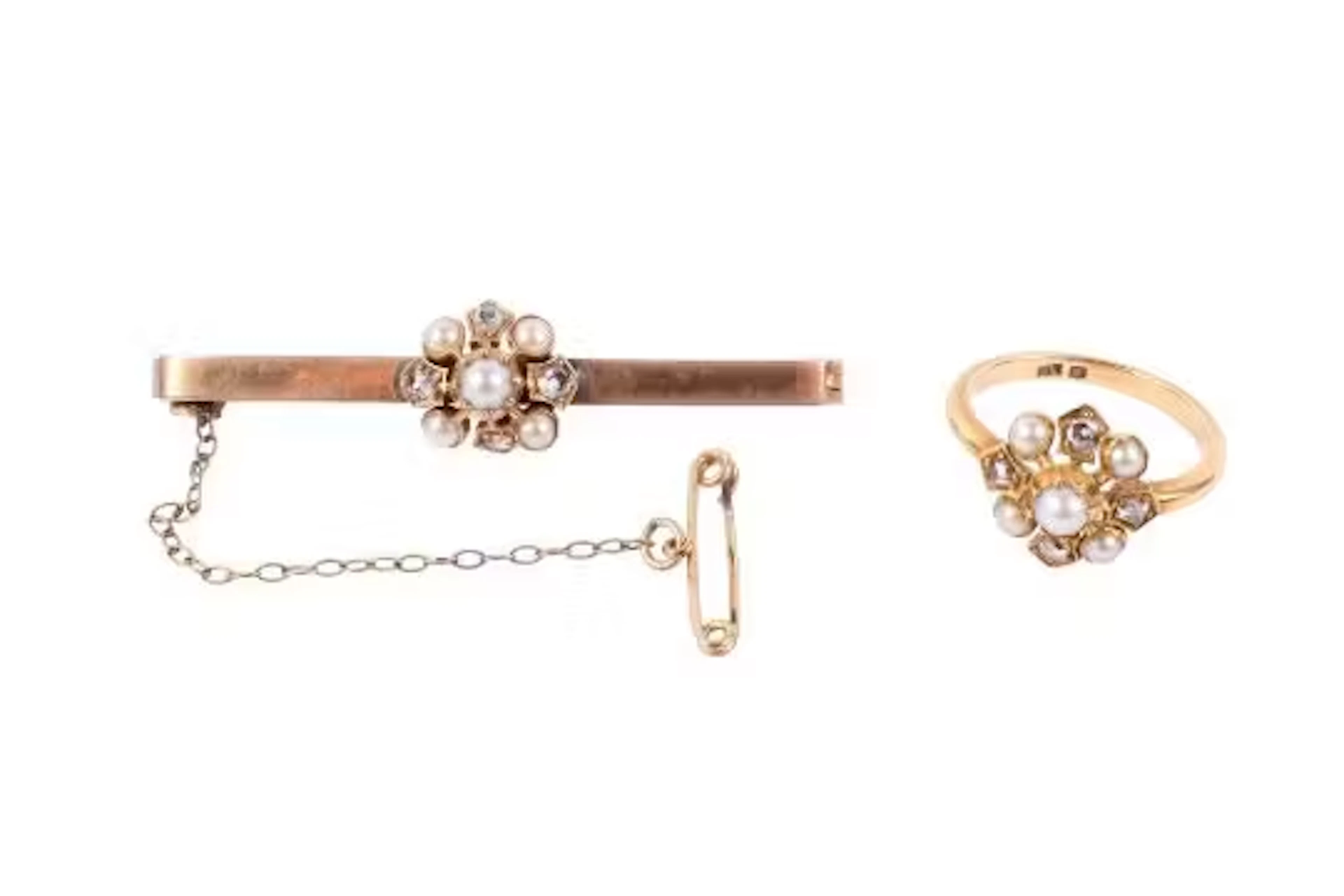 A matching diamond and seed pearl gold ring and bar brooch.