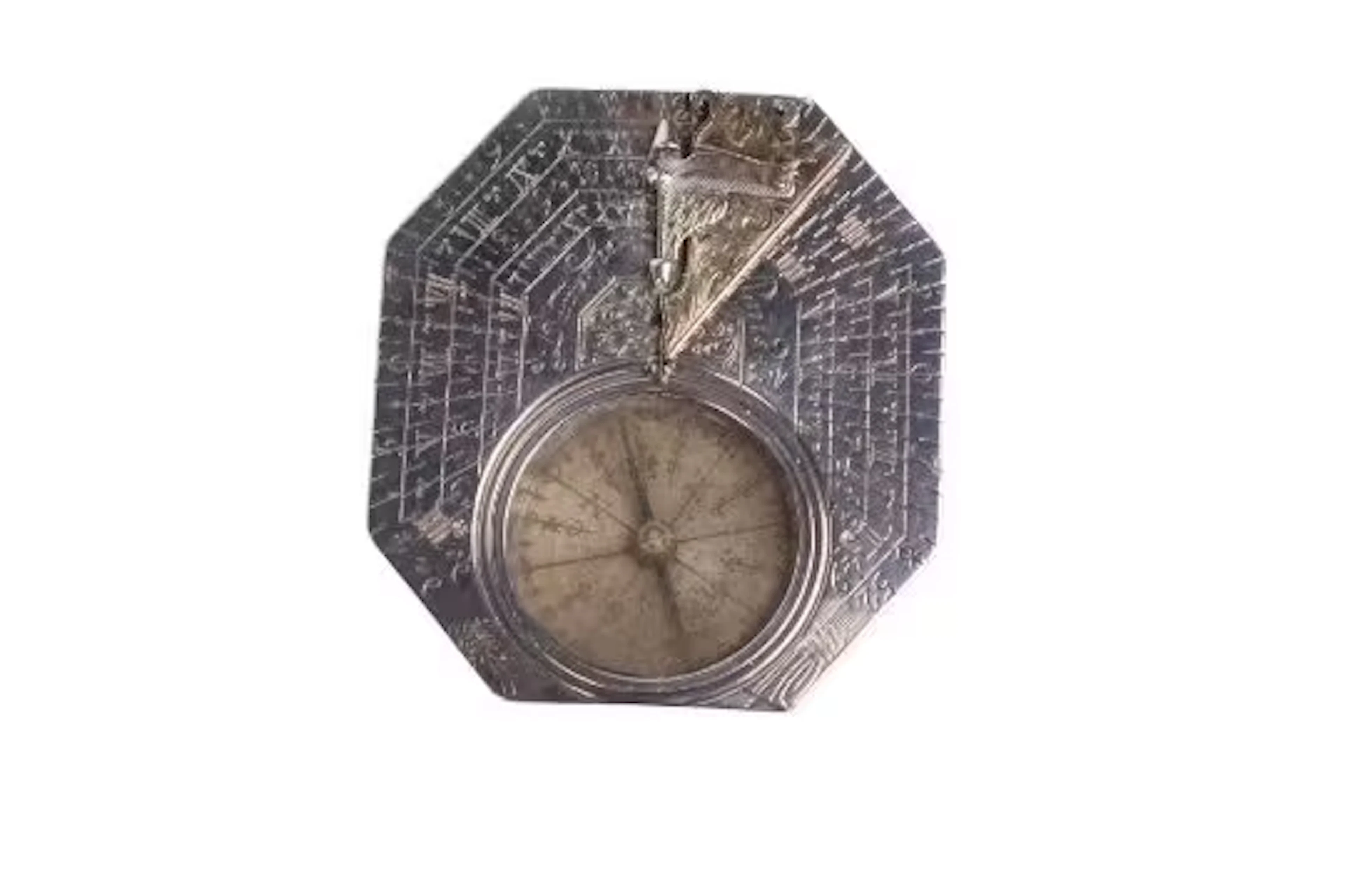 A circa 1700 French silver 'Butterfield Dial' pocket sundial and compass.