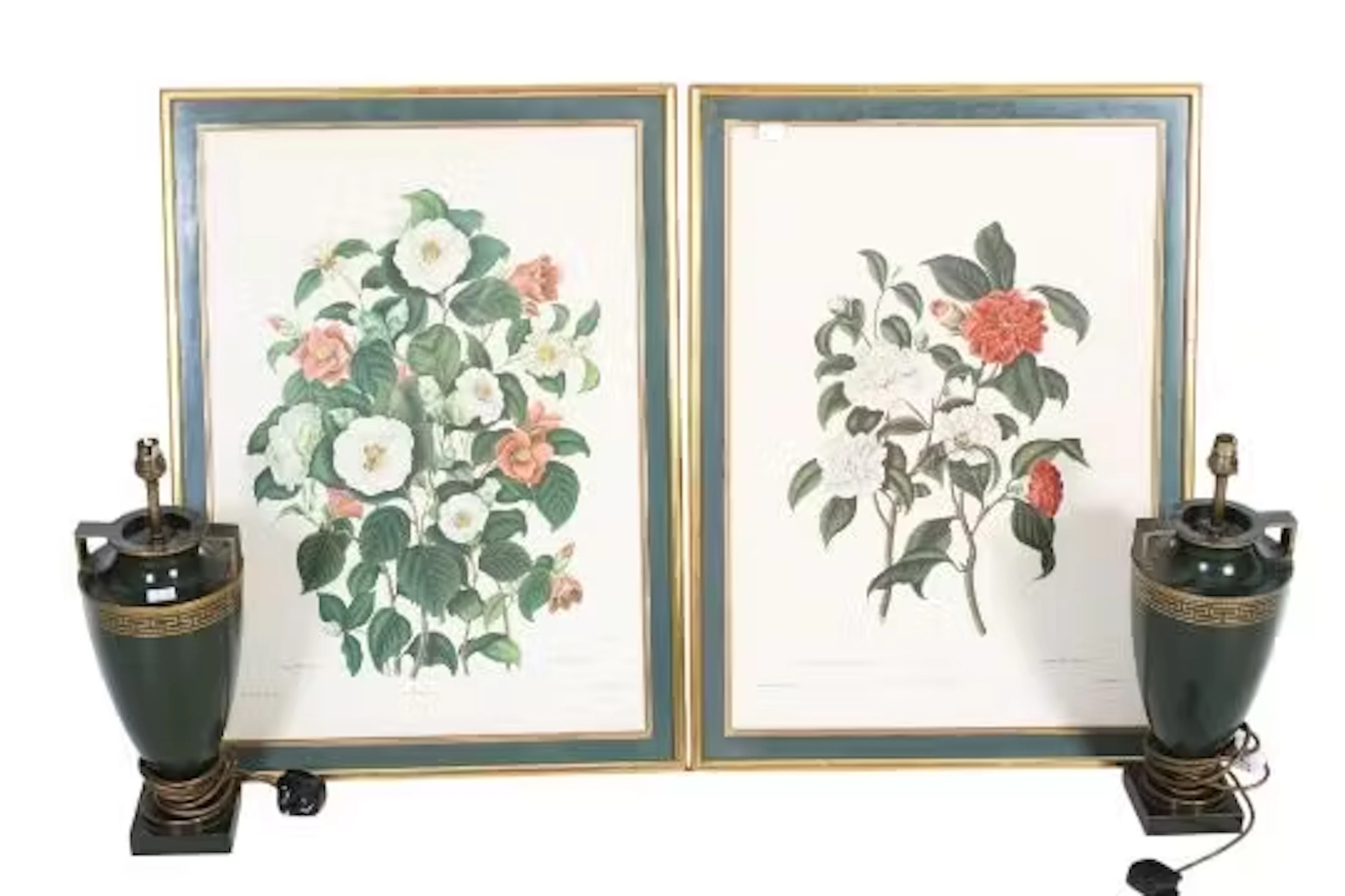 A pair of large flower illustrations and a pair of table lamps.