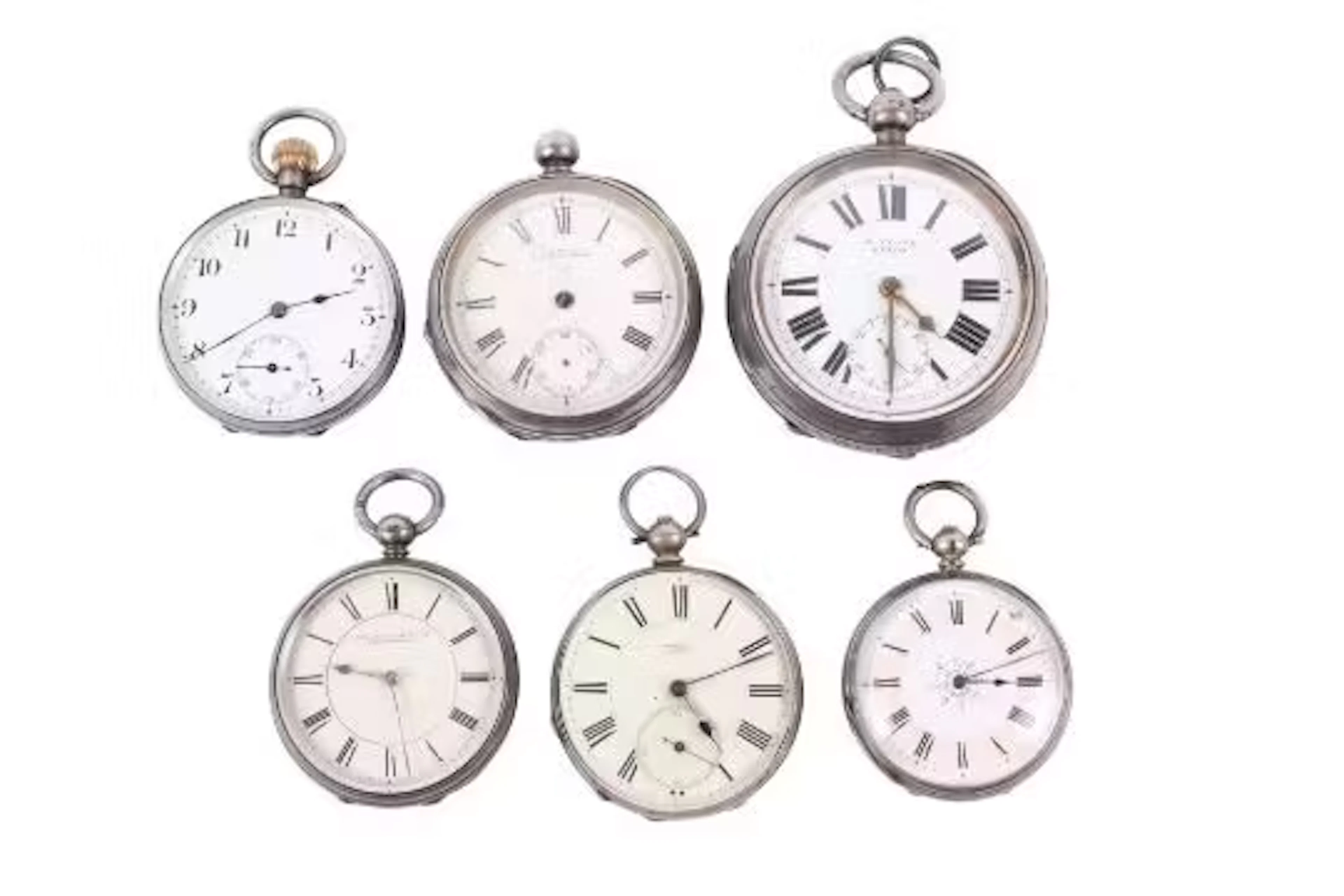 Six assorted silver cased open faced pocket watches. Including H.