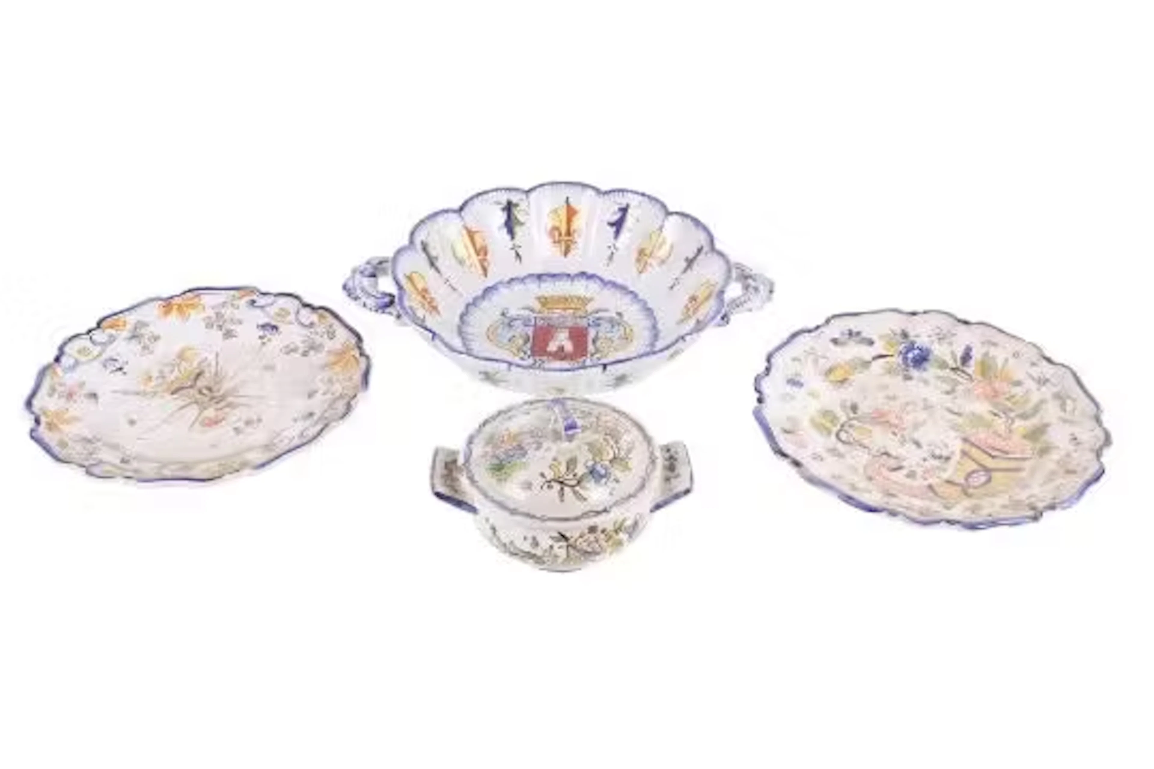 Two pieces of Rouen ceramics and two similar plates.