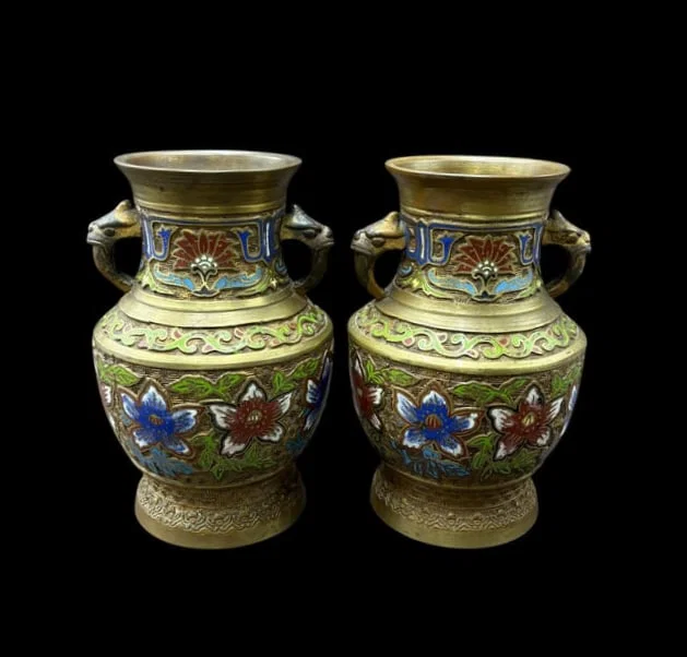 Pair of Japanese Enameled Brass Champleve' Vases with Dragon Handles
