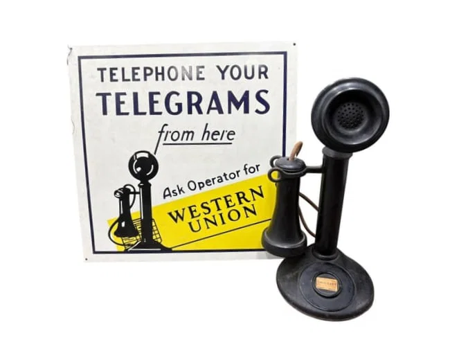 Antique American Bell Company Candlestick Telephone & Telegraph Metal Sign