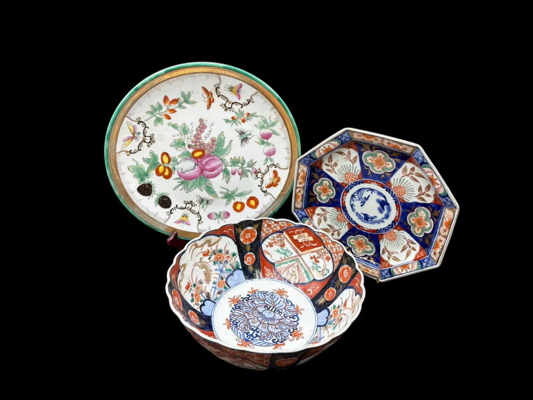 Estate Lot of 3 Imari & Chinese Export Fruit & Butterfly Pattern Platter