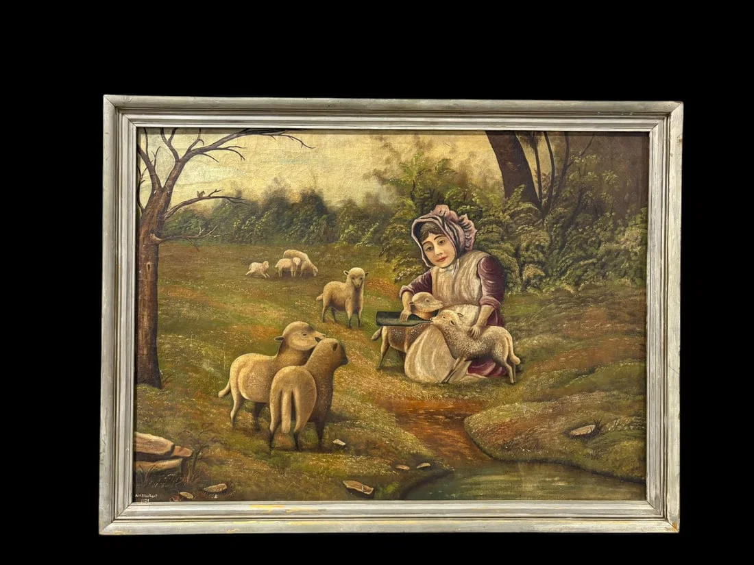 Antique Oil on Cloth Canvas Folk Art Painting "Woman with the Lambs"