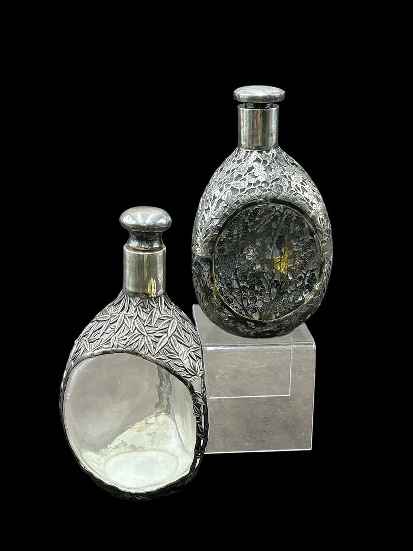Estate Lot of 2 Antique Chinese Sterling Overlay Decanter Pinch Bottles