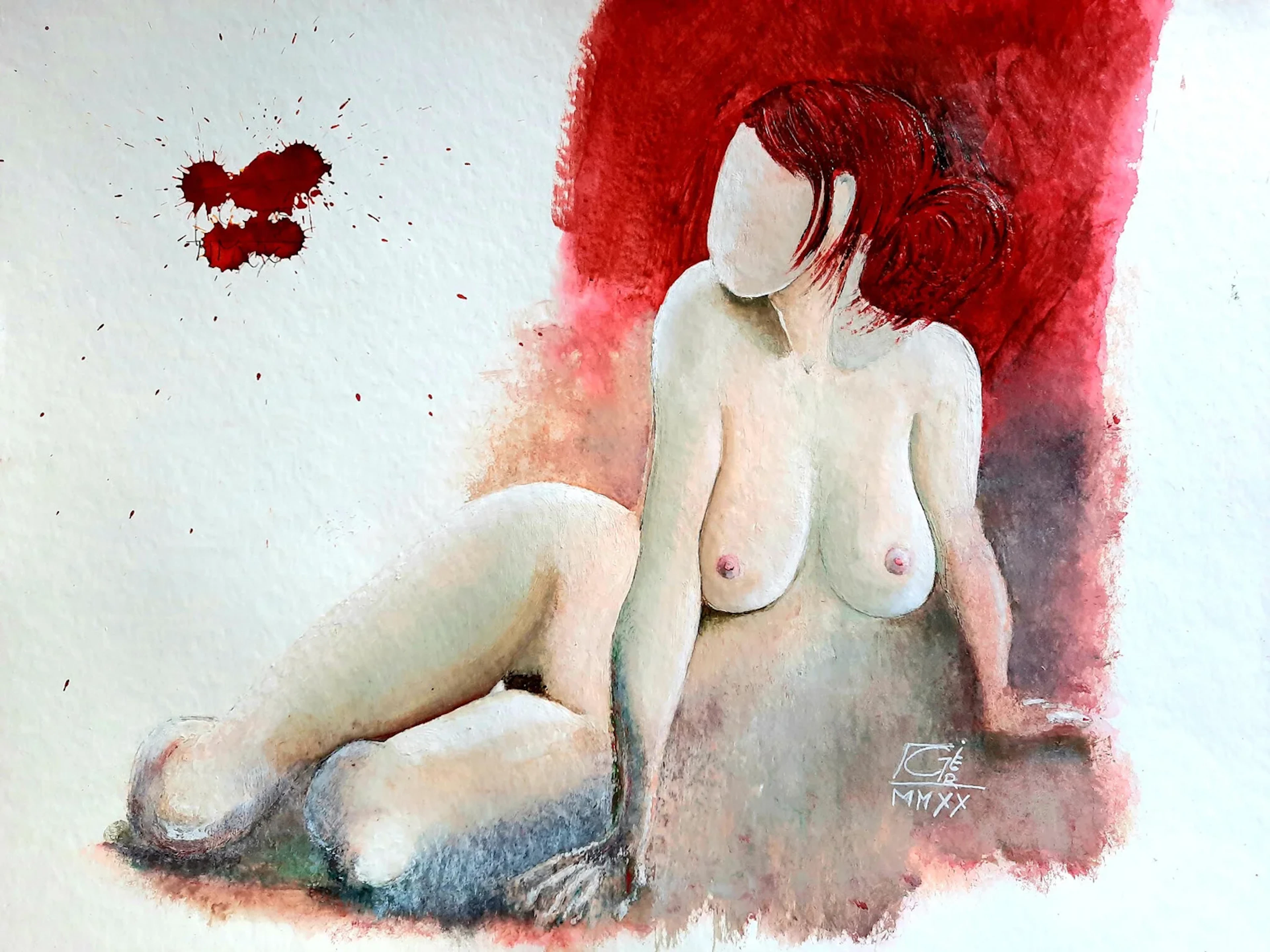 Dessin d’une femme nue regardant une tache rouge envahir la page