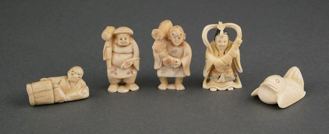 (5) Carved Ivory Netsuke Figures Some Signed