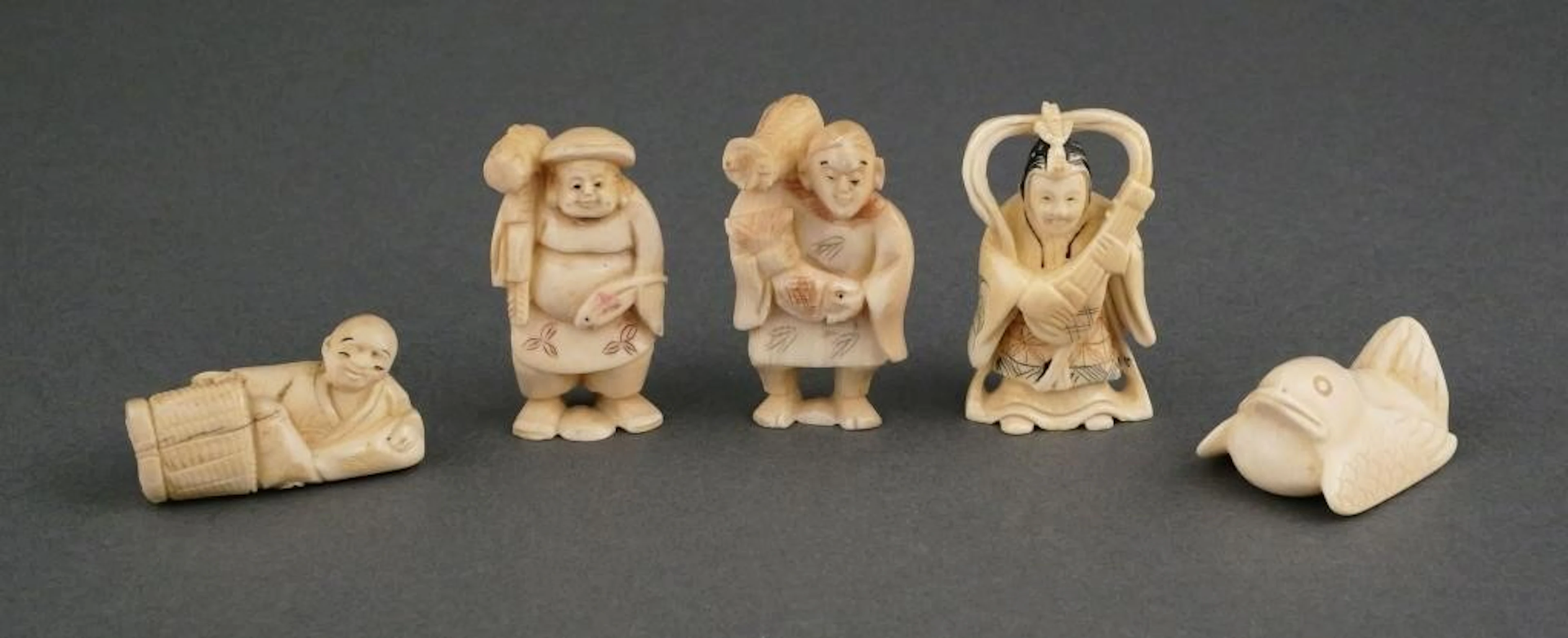 (5) Carved Ivory Netsuke Figures Some Signed