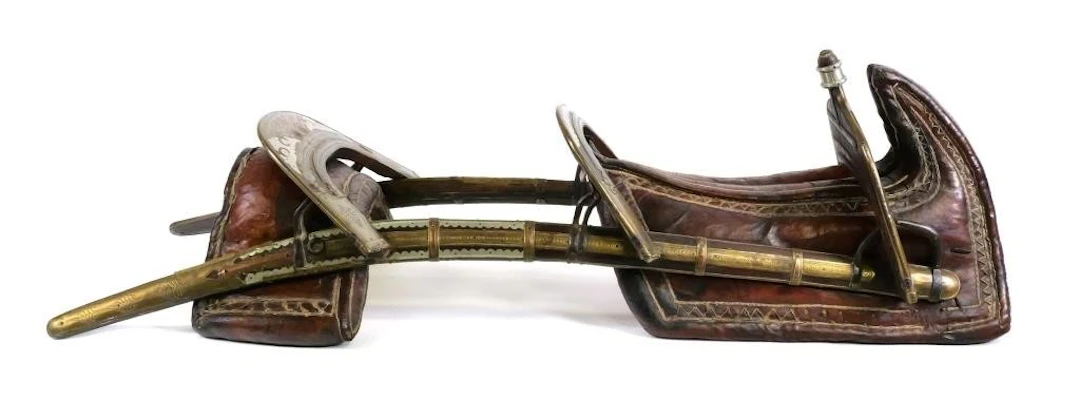 Antique Two Person Leather Brass Camel Saddle
