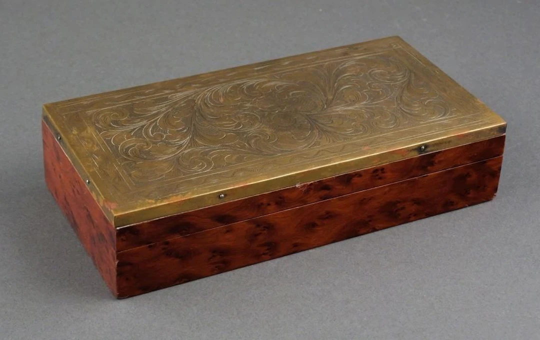Burl Veneer & Engraved Brass Jewelry Box